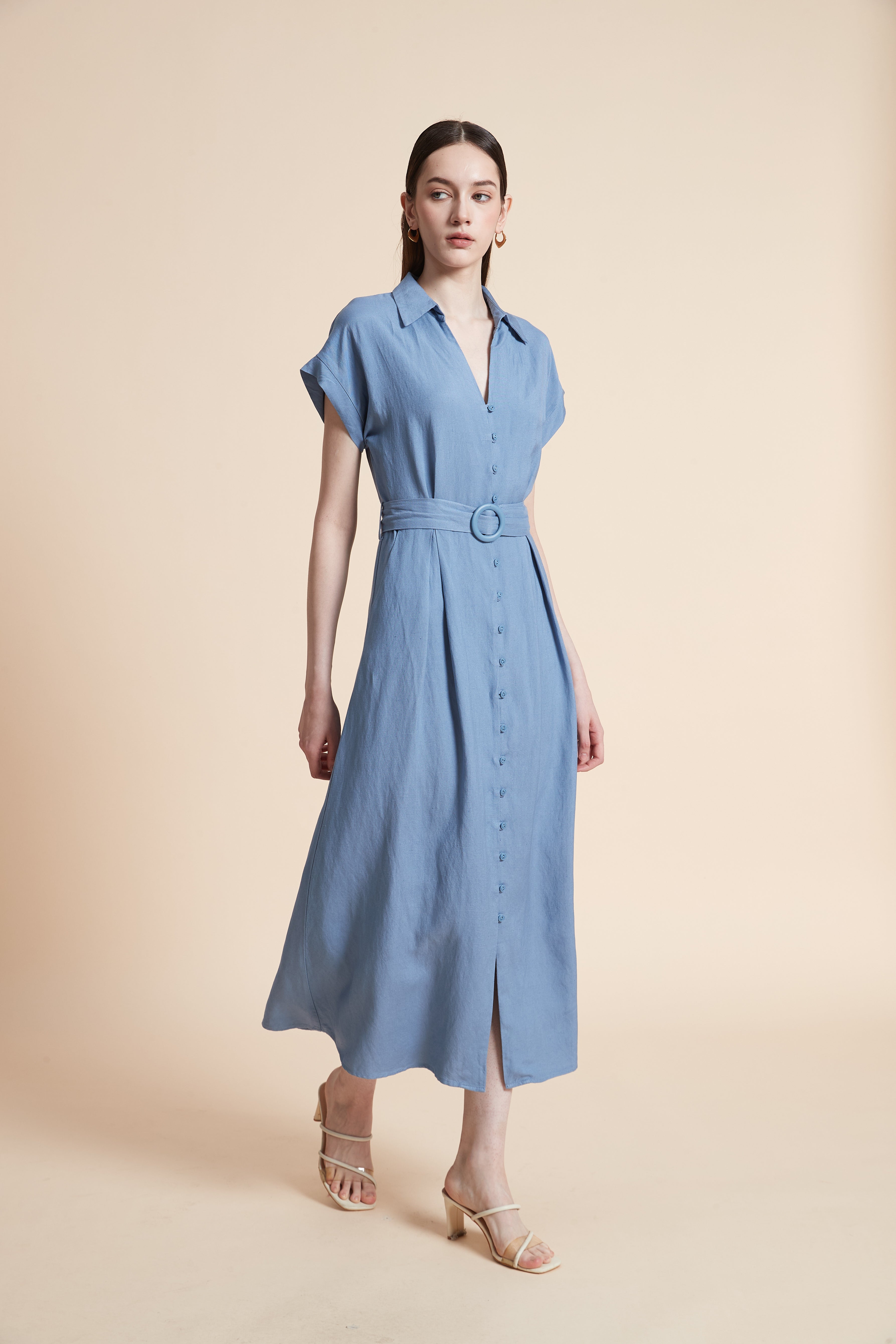 Midi Dress with Waist Belt and Short Sleeves
