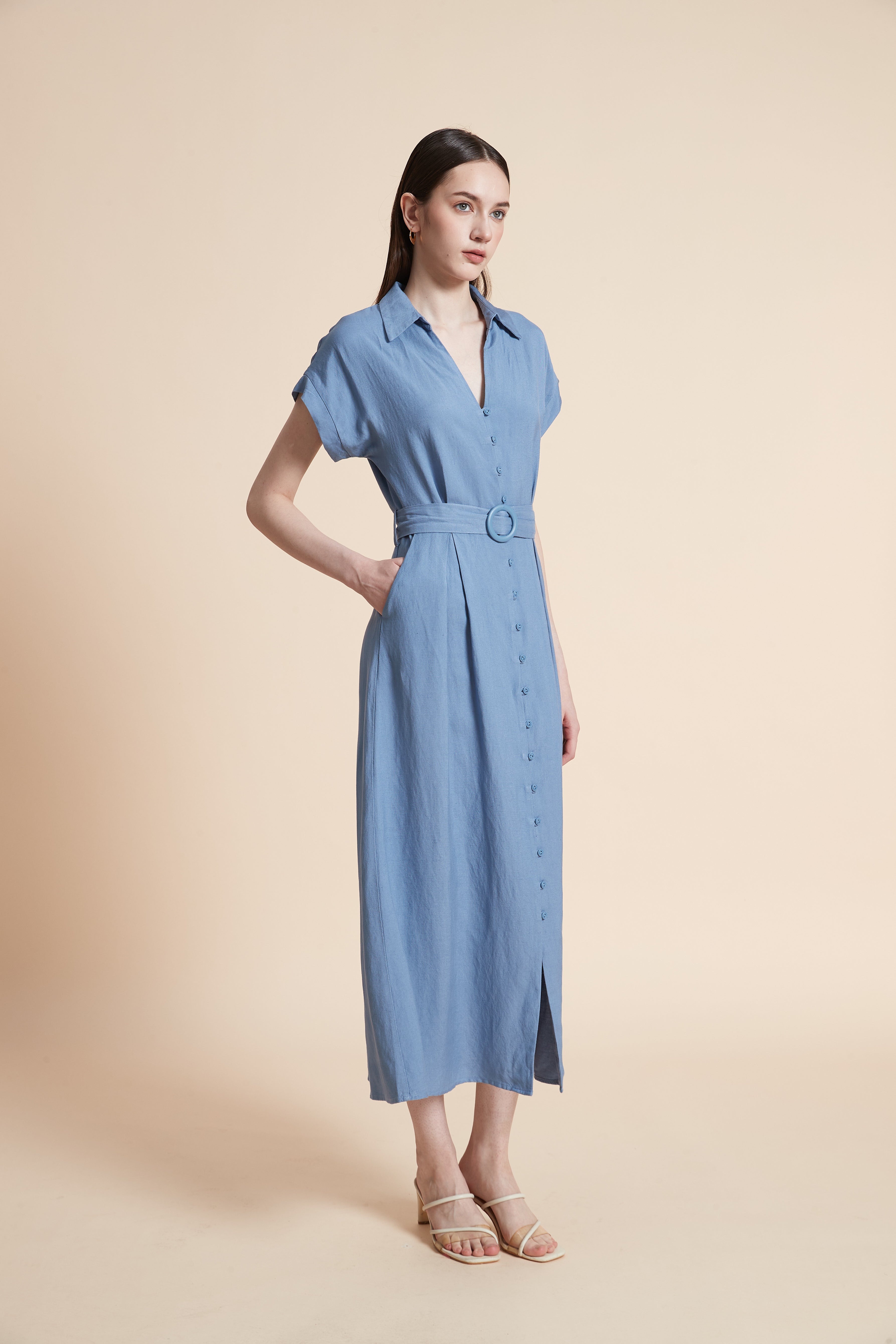 Midi Dress with Waist Belt and Short Sleeves