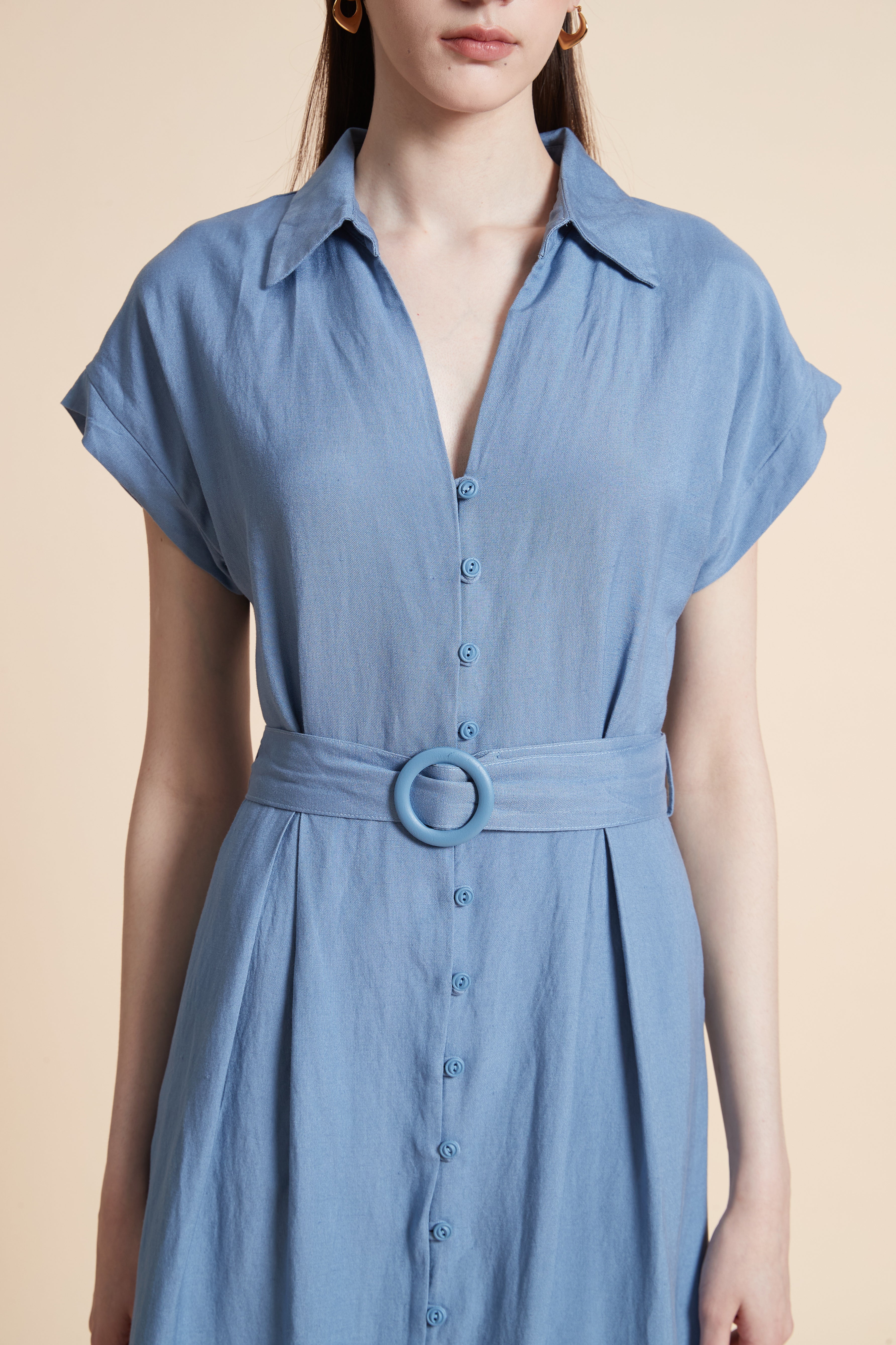 Midi Dress with Waist Belt and Short Sleeves