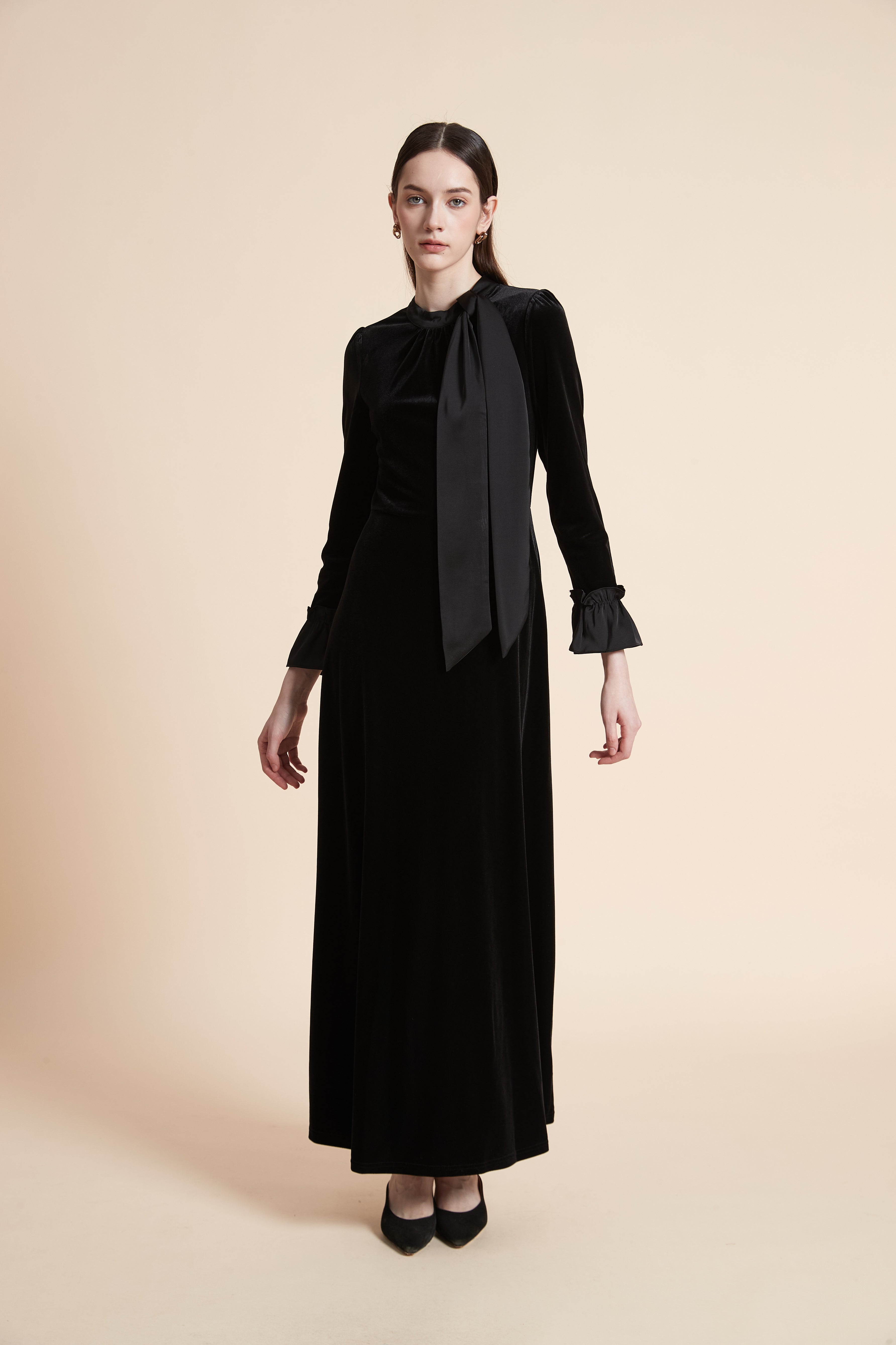 Solid Long Sleeve Maxi Dress with Tie Neck