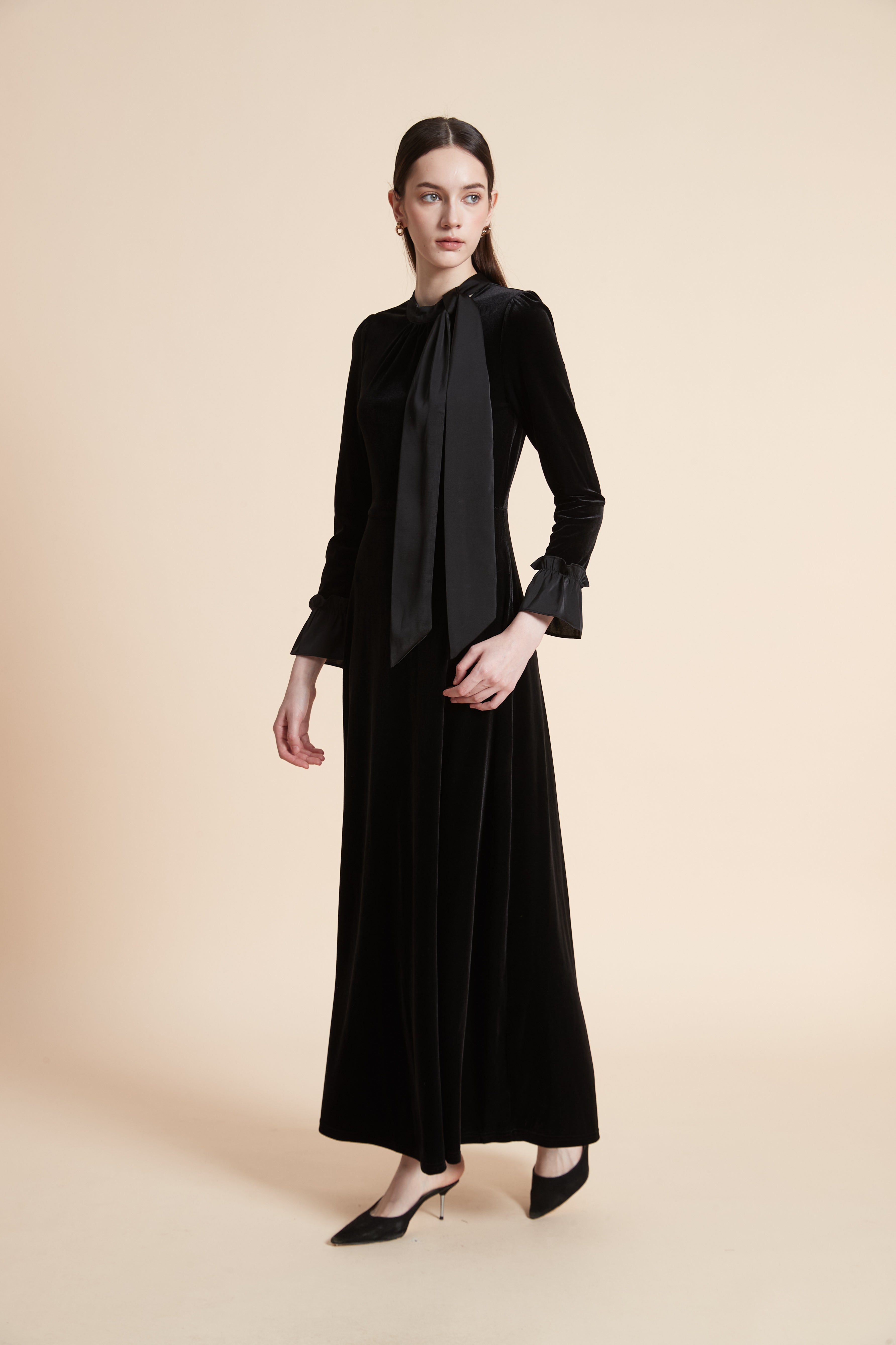 Solid Long Sleeve Maxi Dress with Tie Neck