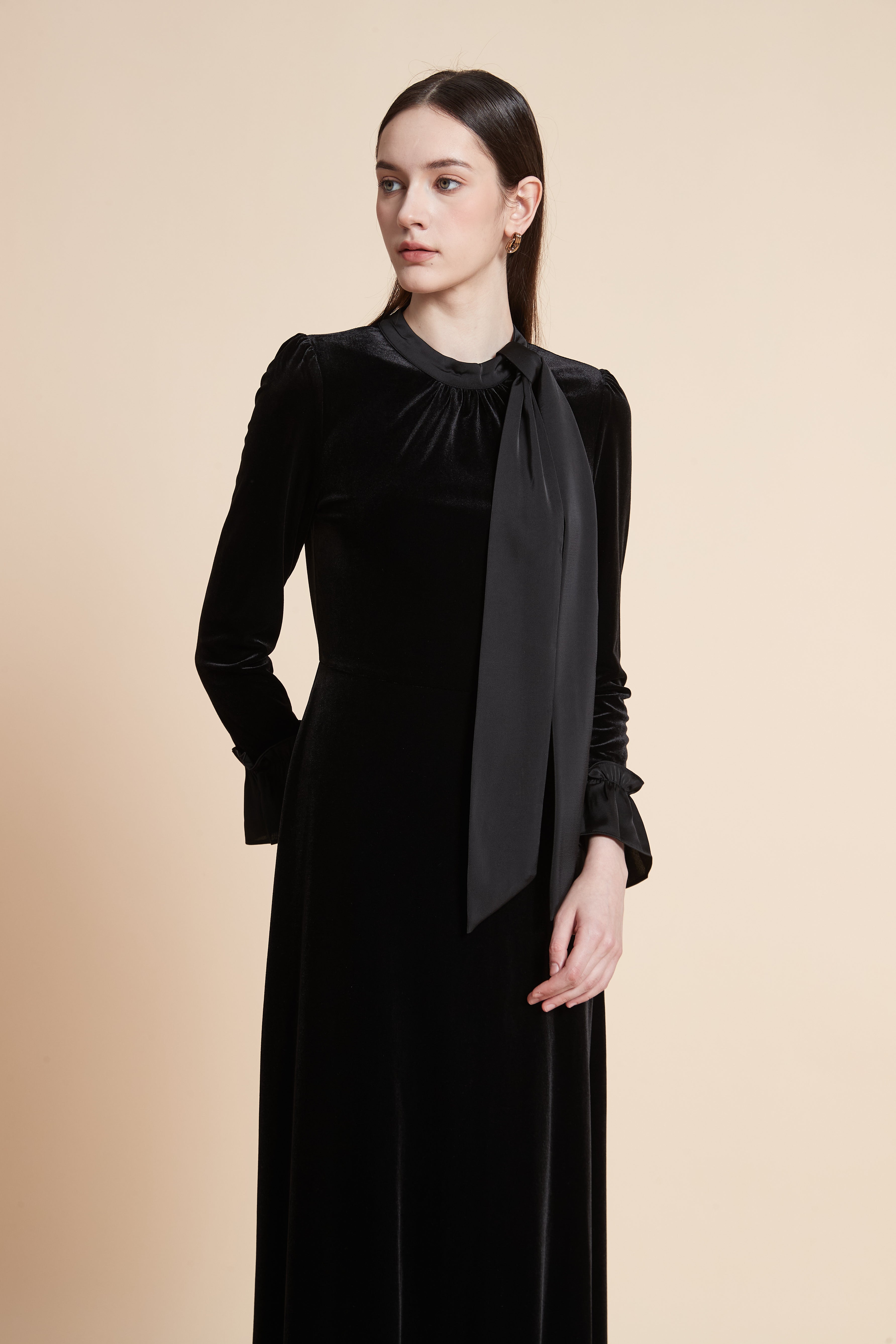 Solid Long Sleeve Maxi Dress with Tie Neck