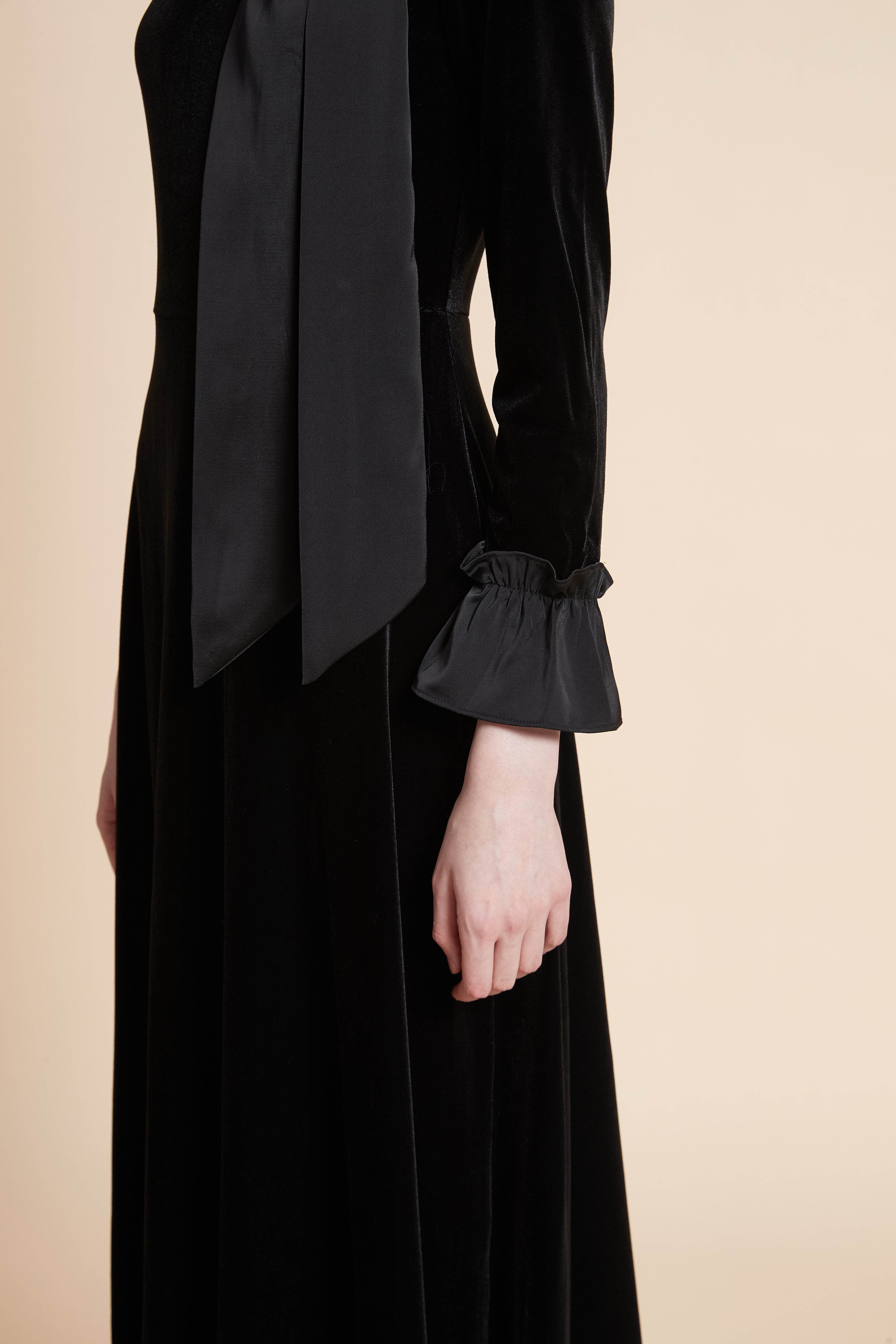 Solid Long Sleeve Maxi Dress with Tie Neck