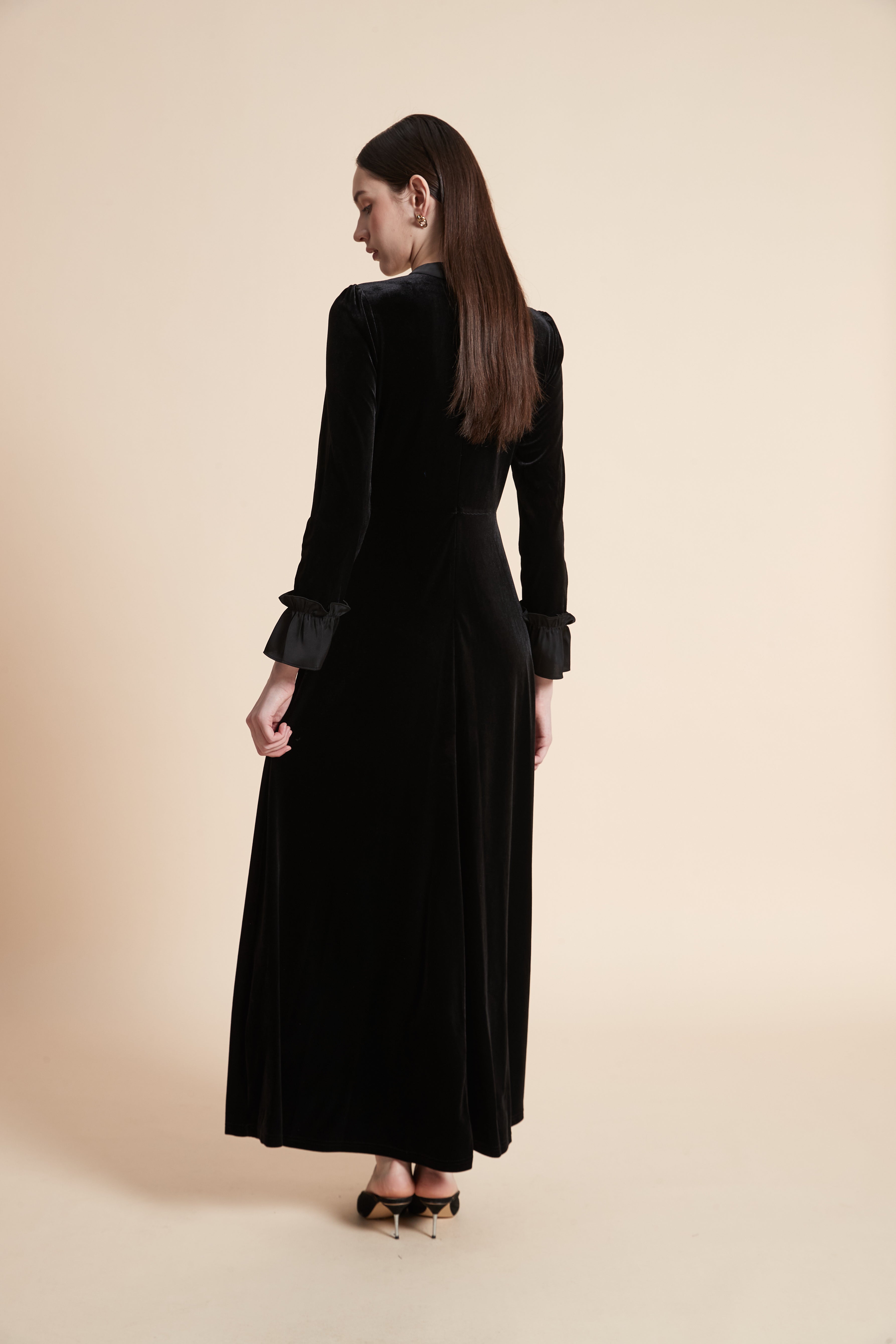 Solid Long Sleeve Maxi Dress with Tie Neck