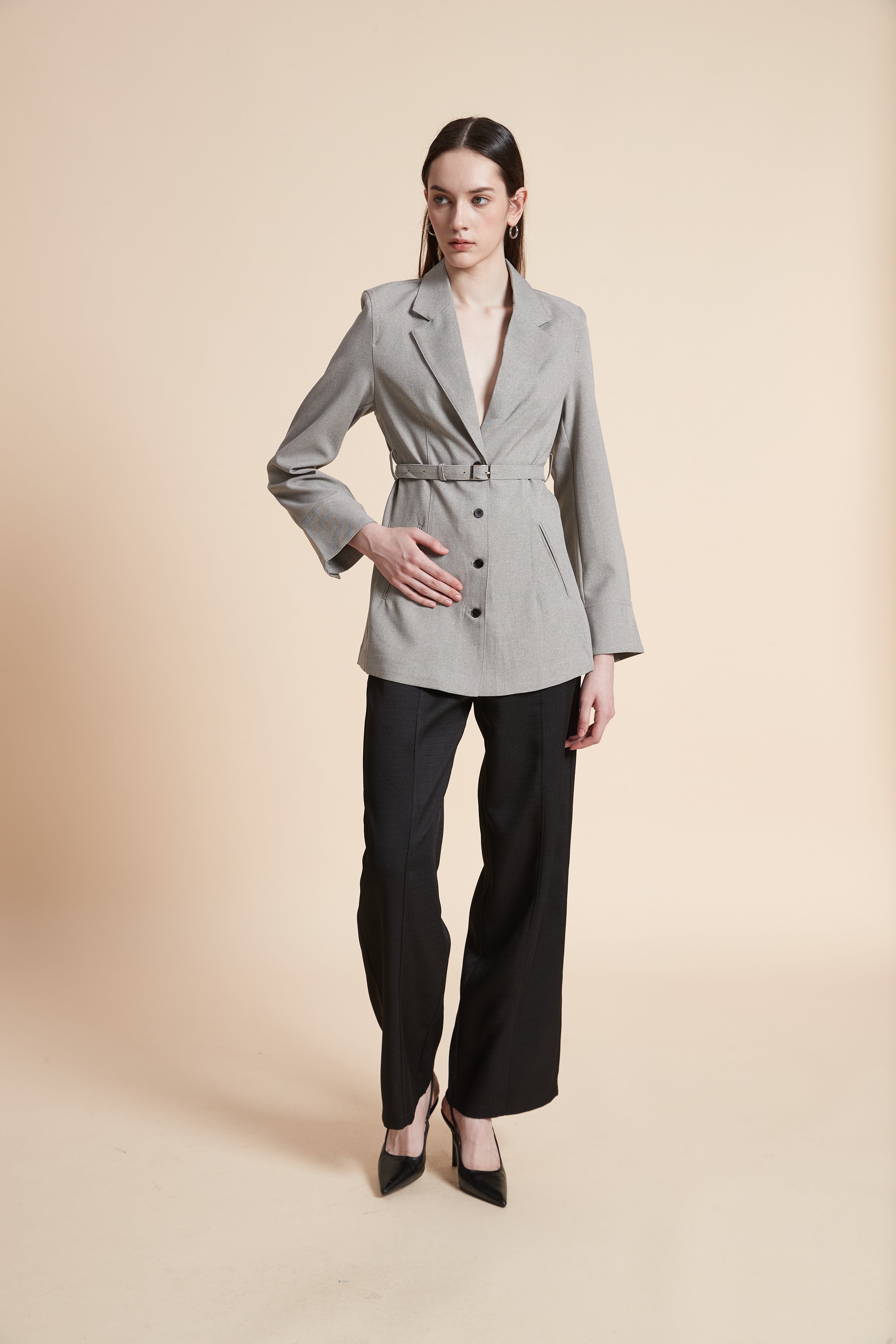 Plain Blazer with Waist Belt
