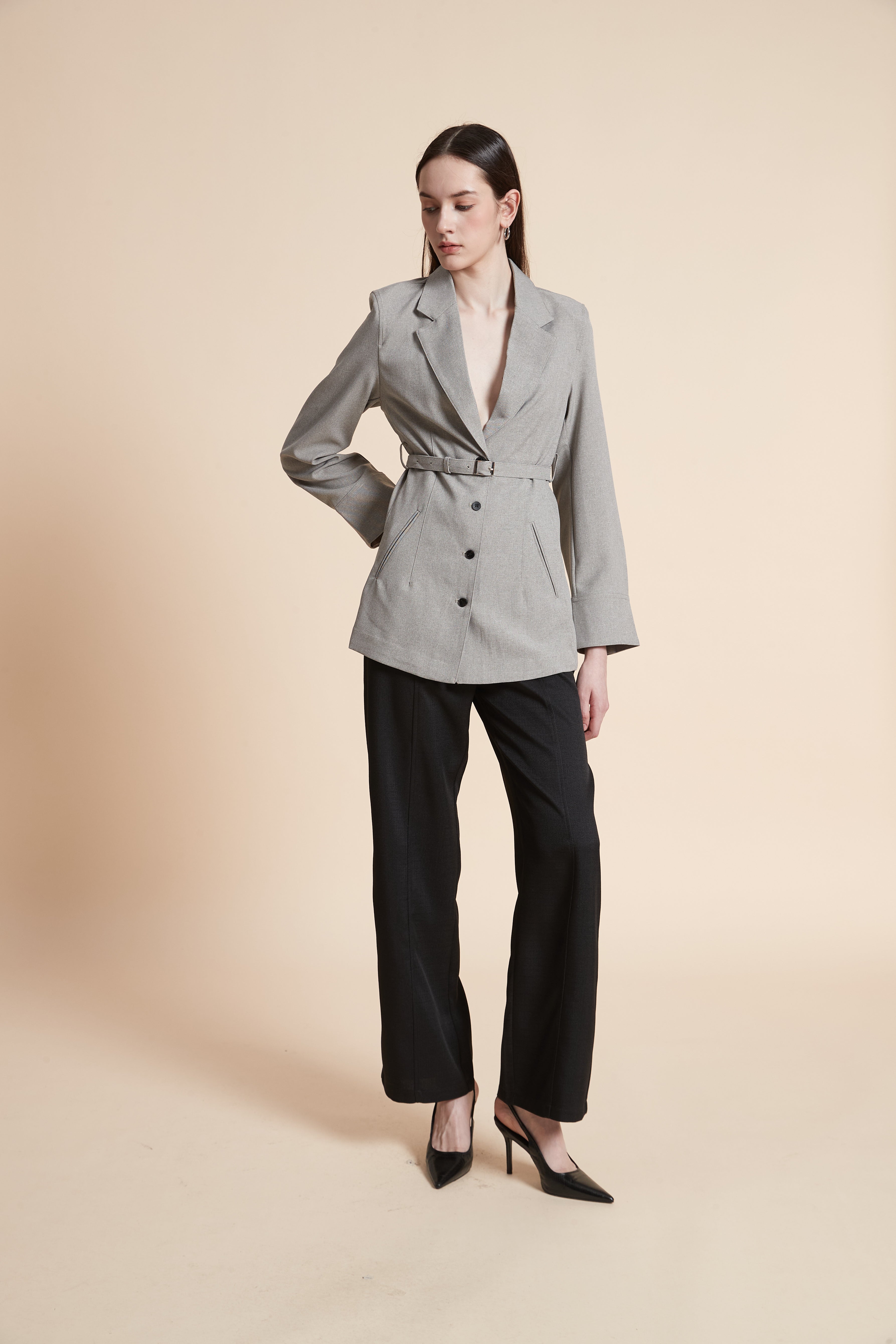 Plain Blazer with Waist Belt