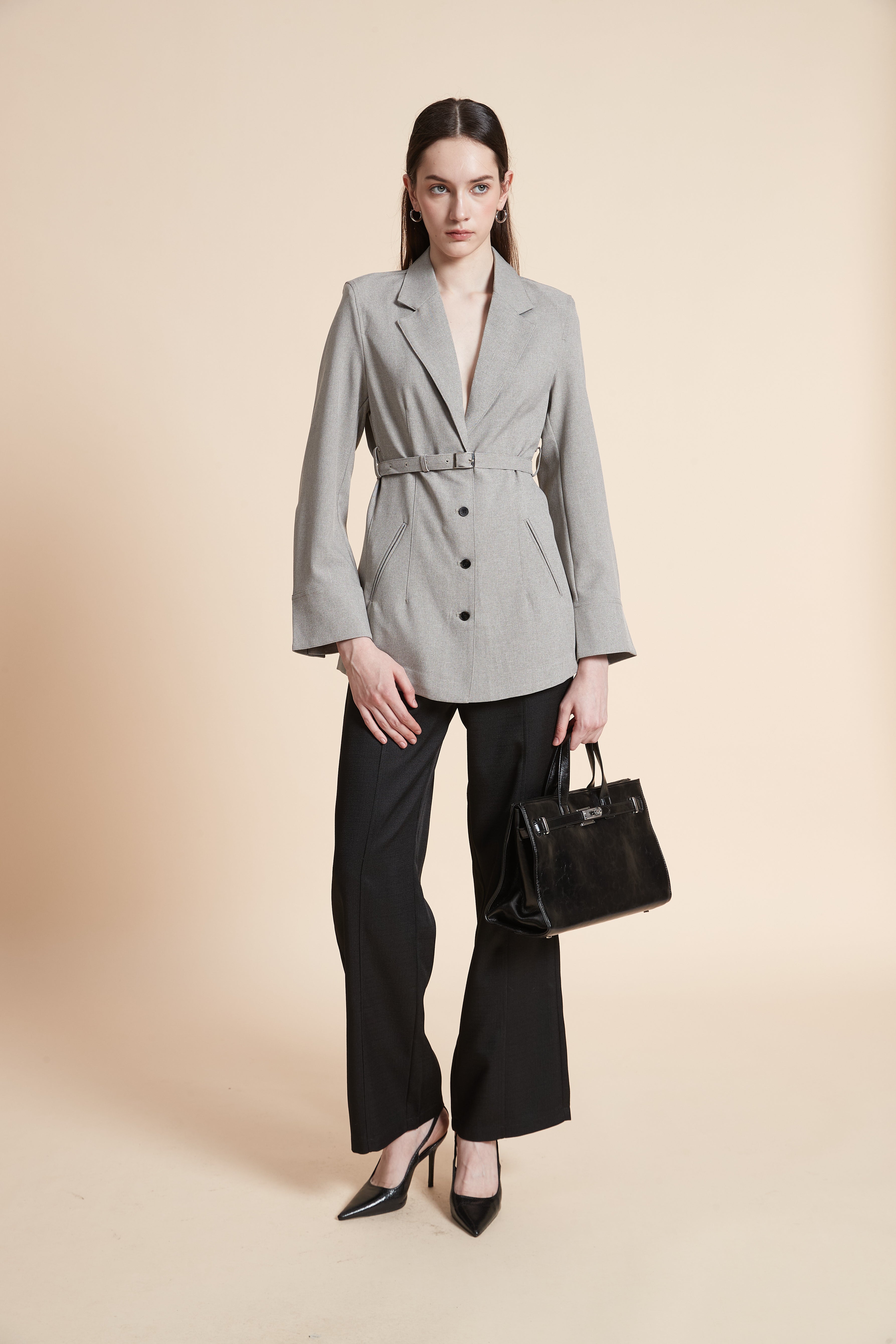 Plain Blazer with Waist Belt