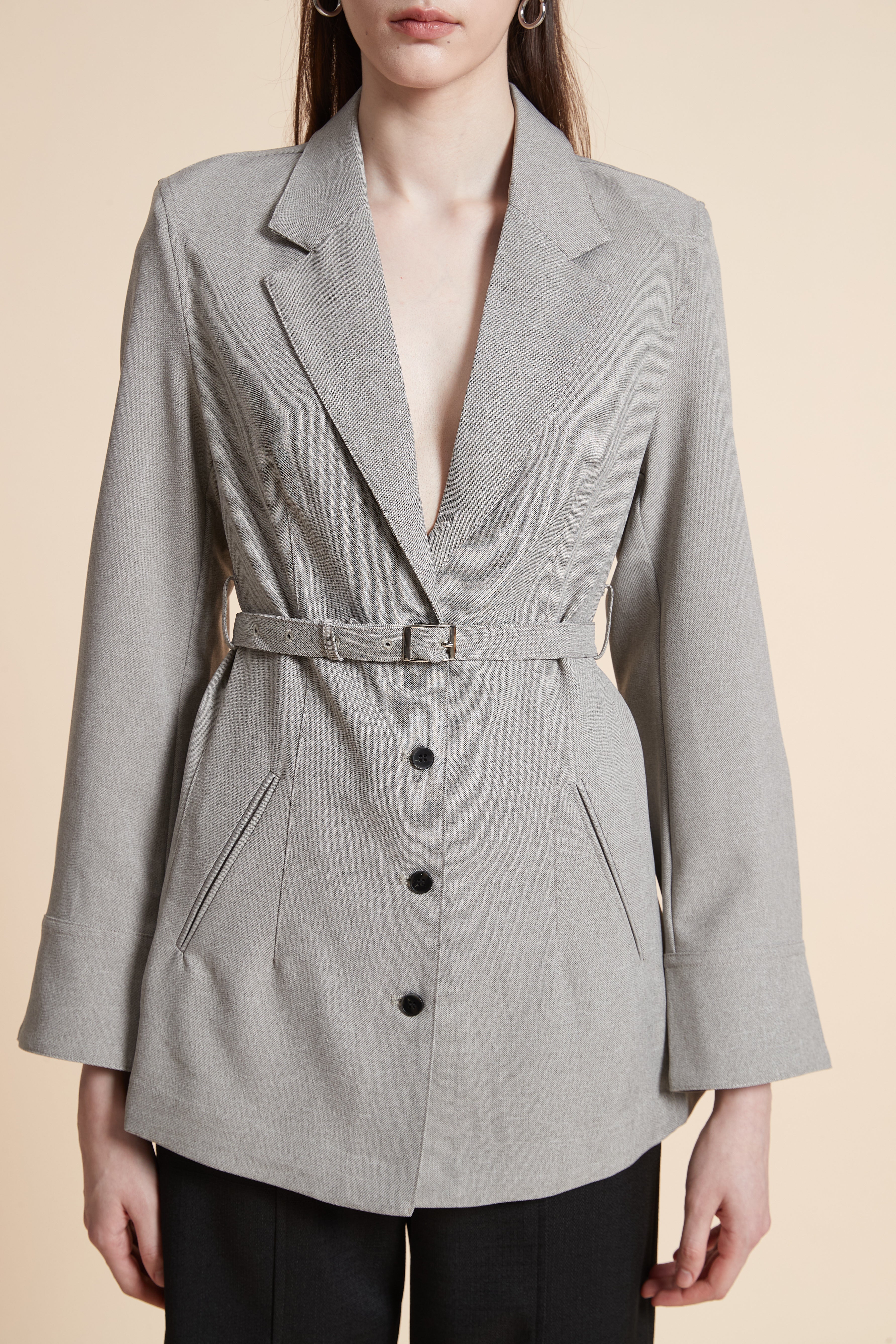 Plain Blazer with Waist Belt