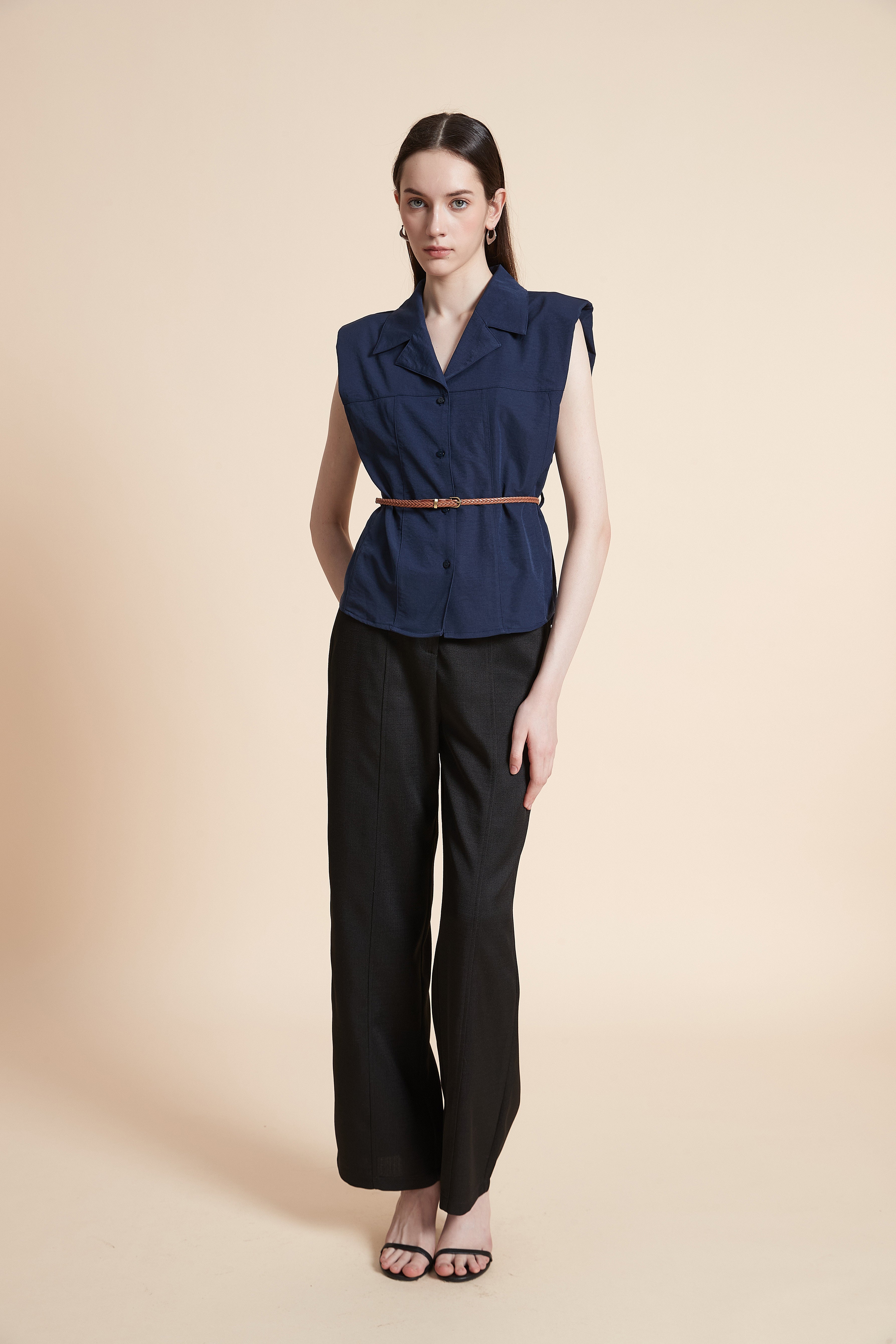 Solid Sleeveless Shirt with Waist Belt