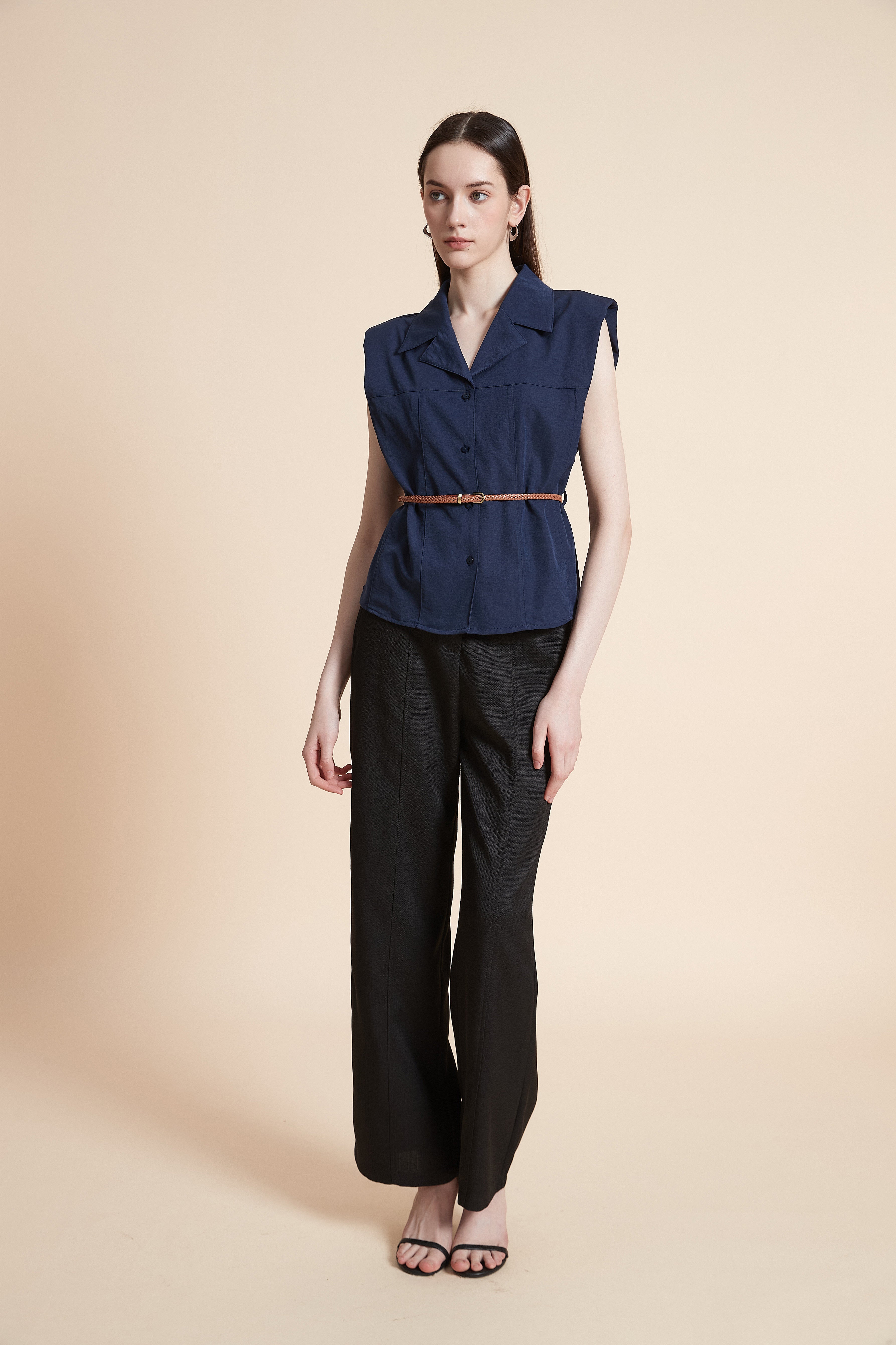 Solid Sleeveless Shirt with Waist Belt