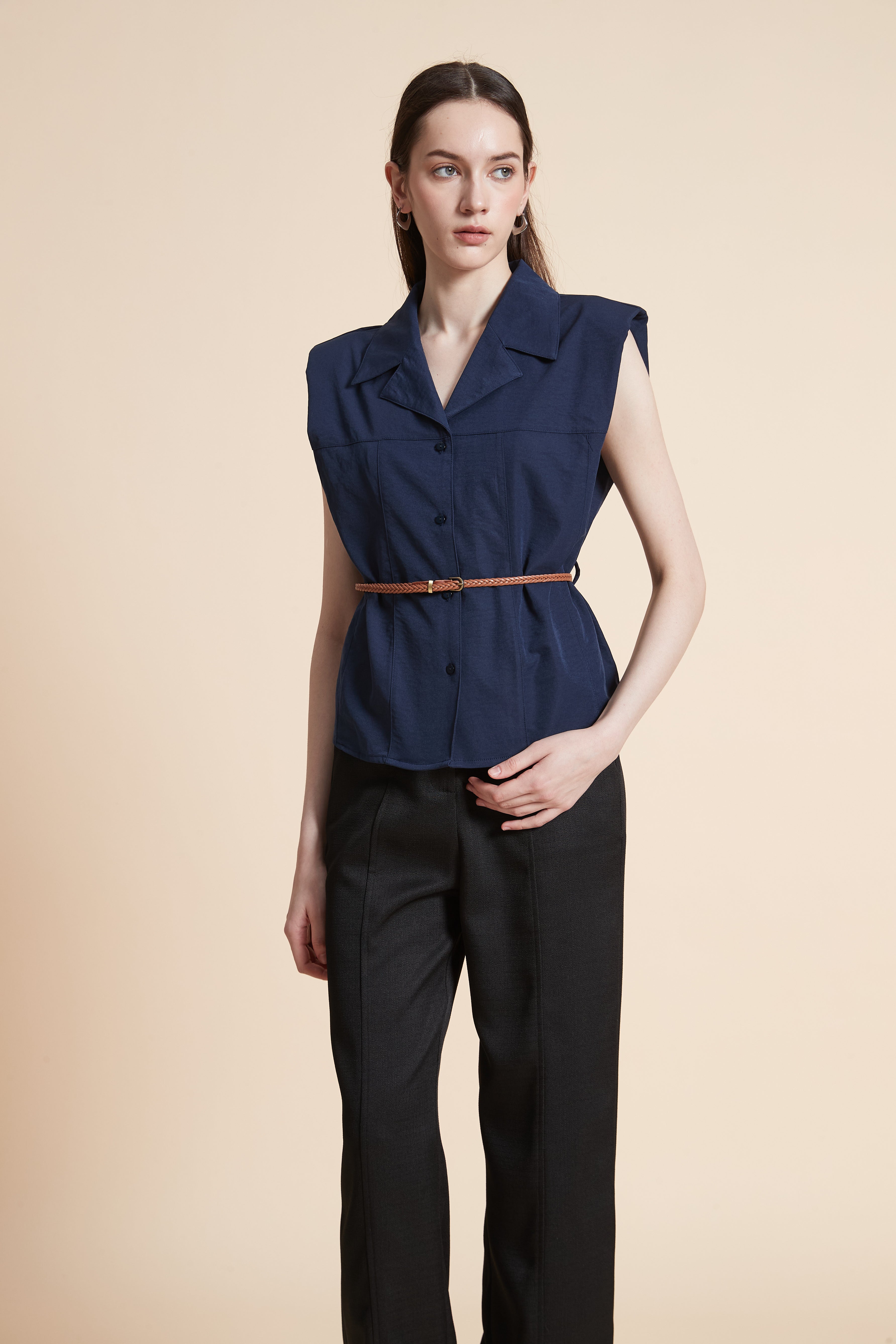 Solid Sleeveless Shirt with Waist Belt