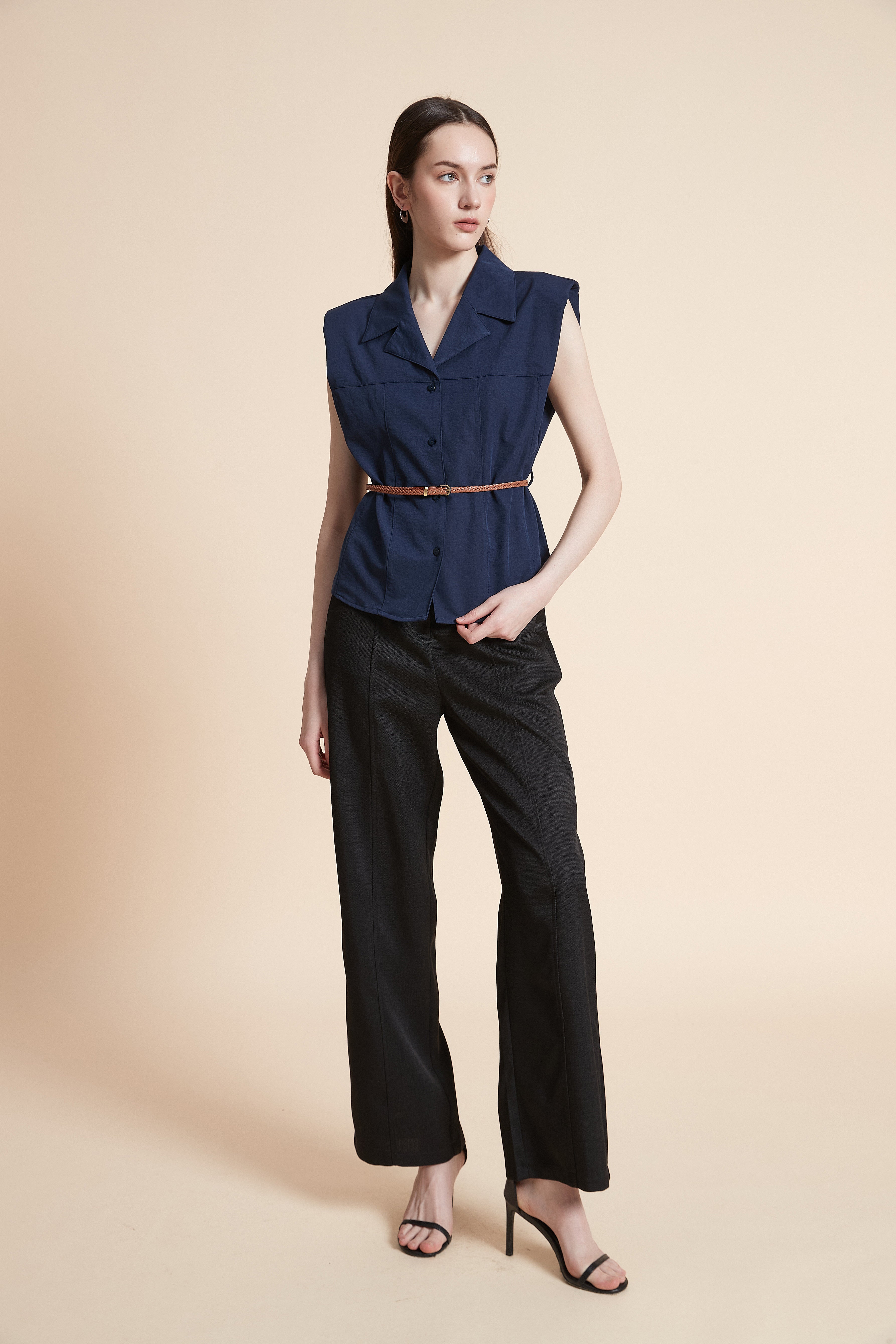 Solid Sleeveless Shirt with Waist Belt