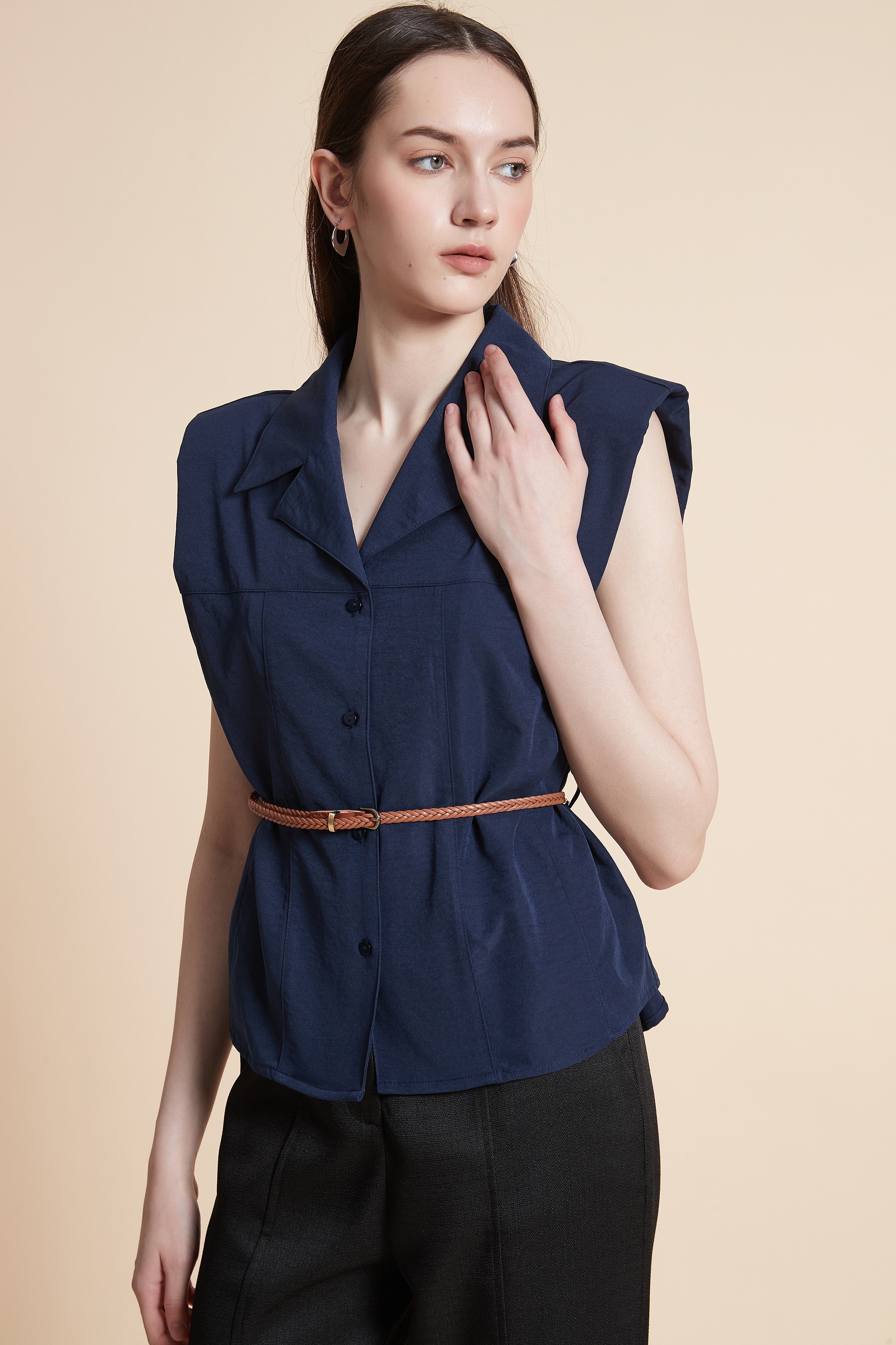 Solid Sleeveless Shirt with Waist Belt