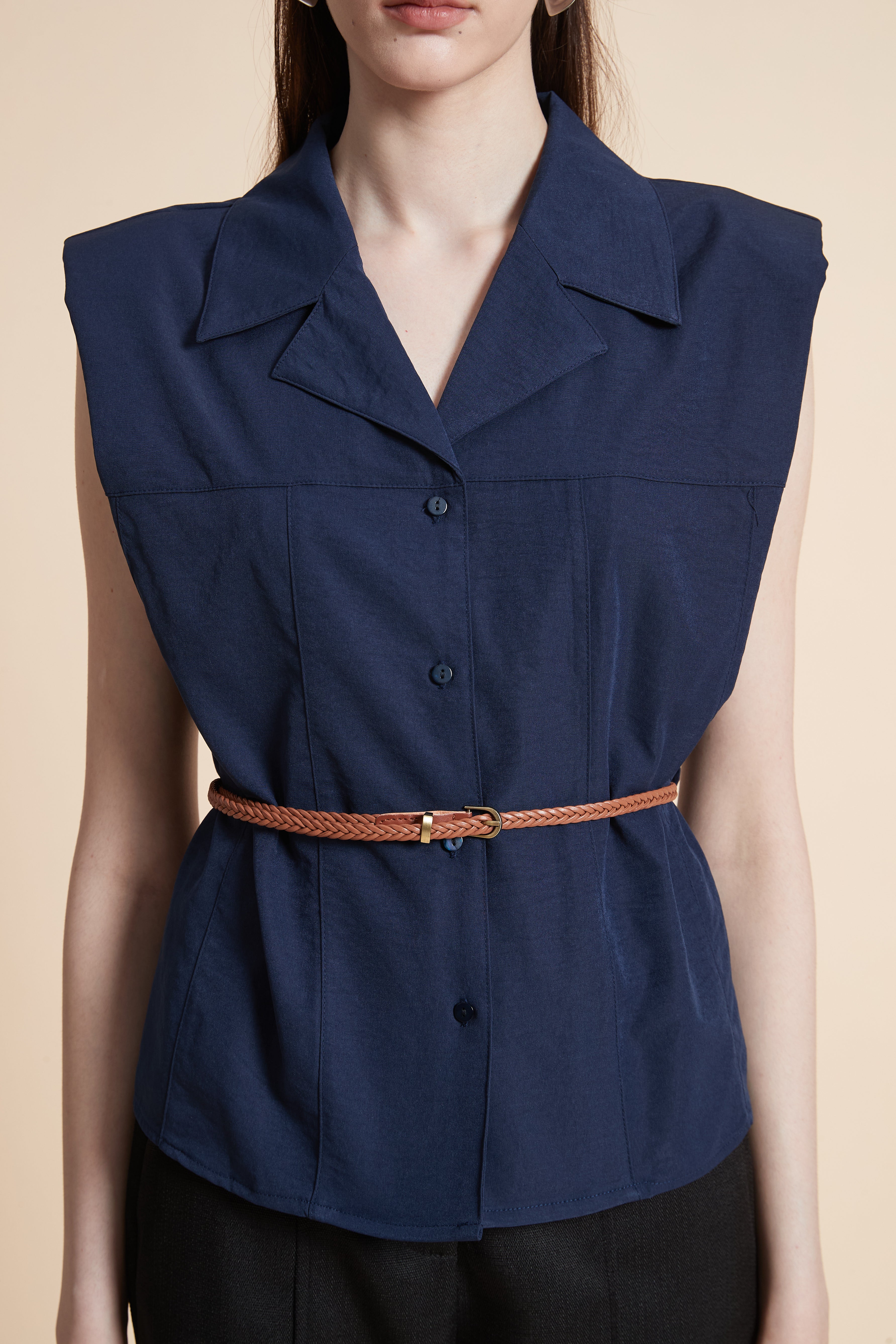 Solid Sleeveless Shirt with Waist Belt