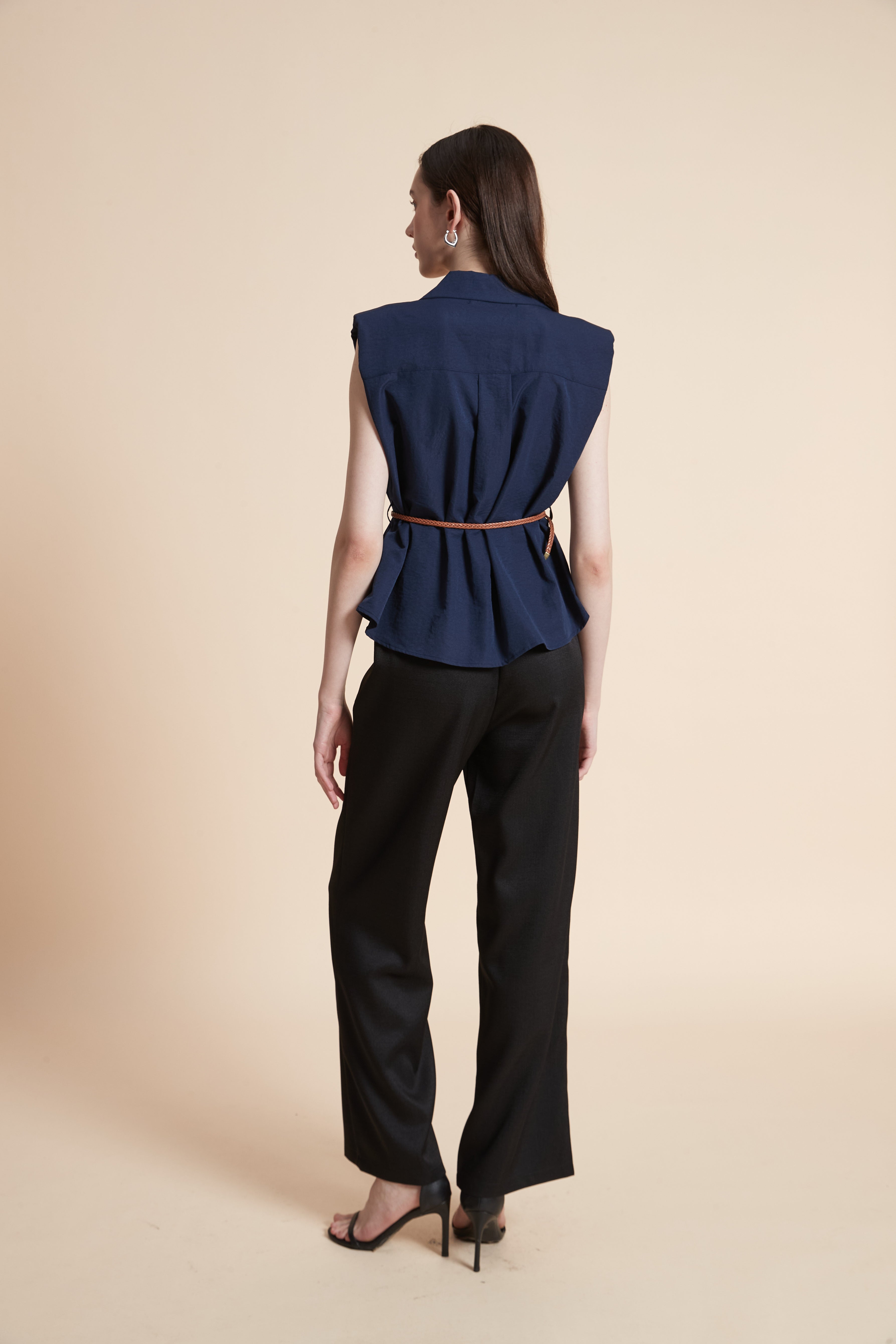 Solid Sleeveless Shirt with Waist Belt