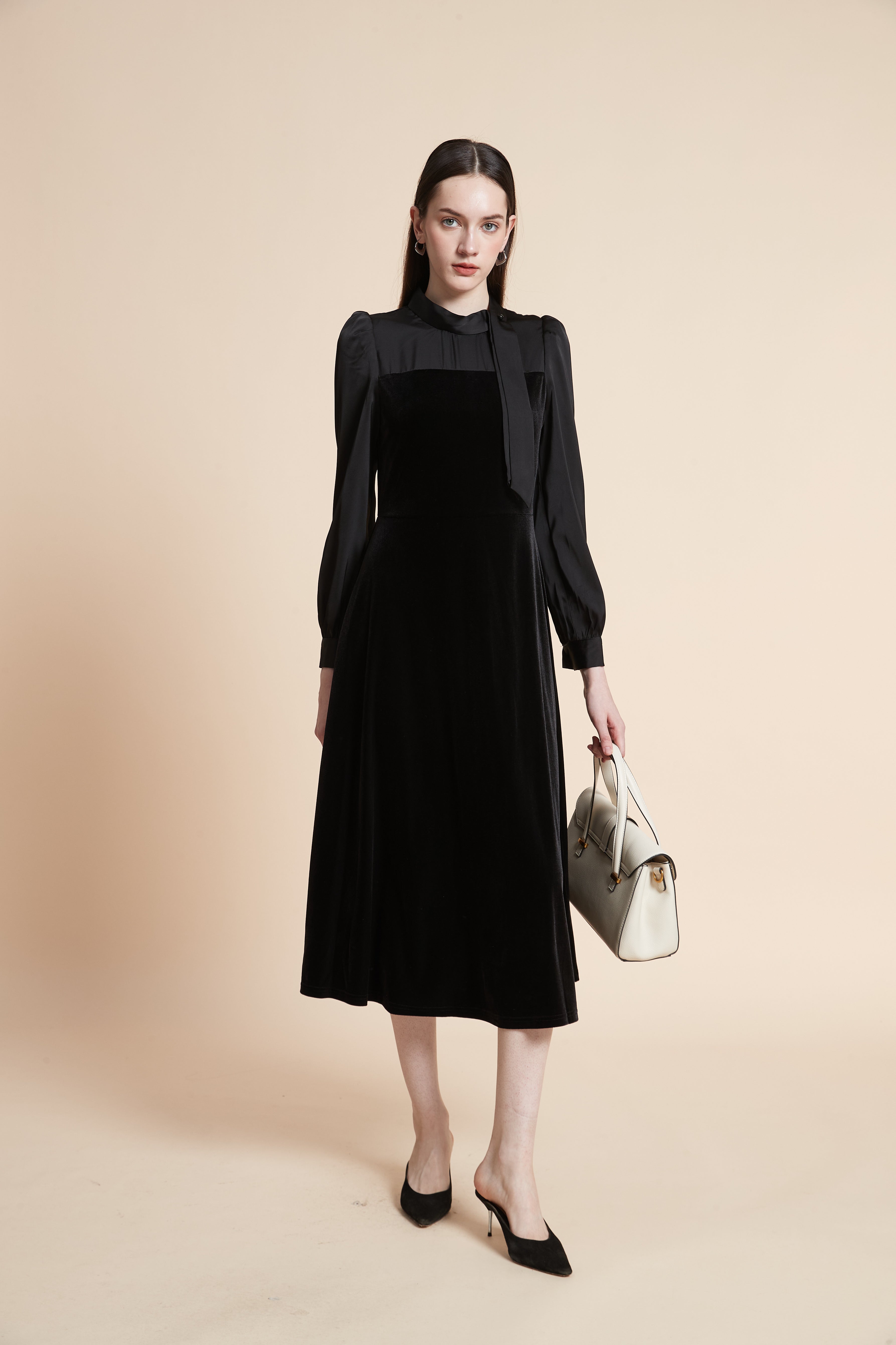 Midi Dress with Neck Tie and Long Sleeves