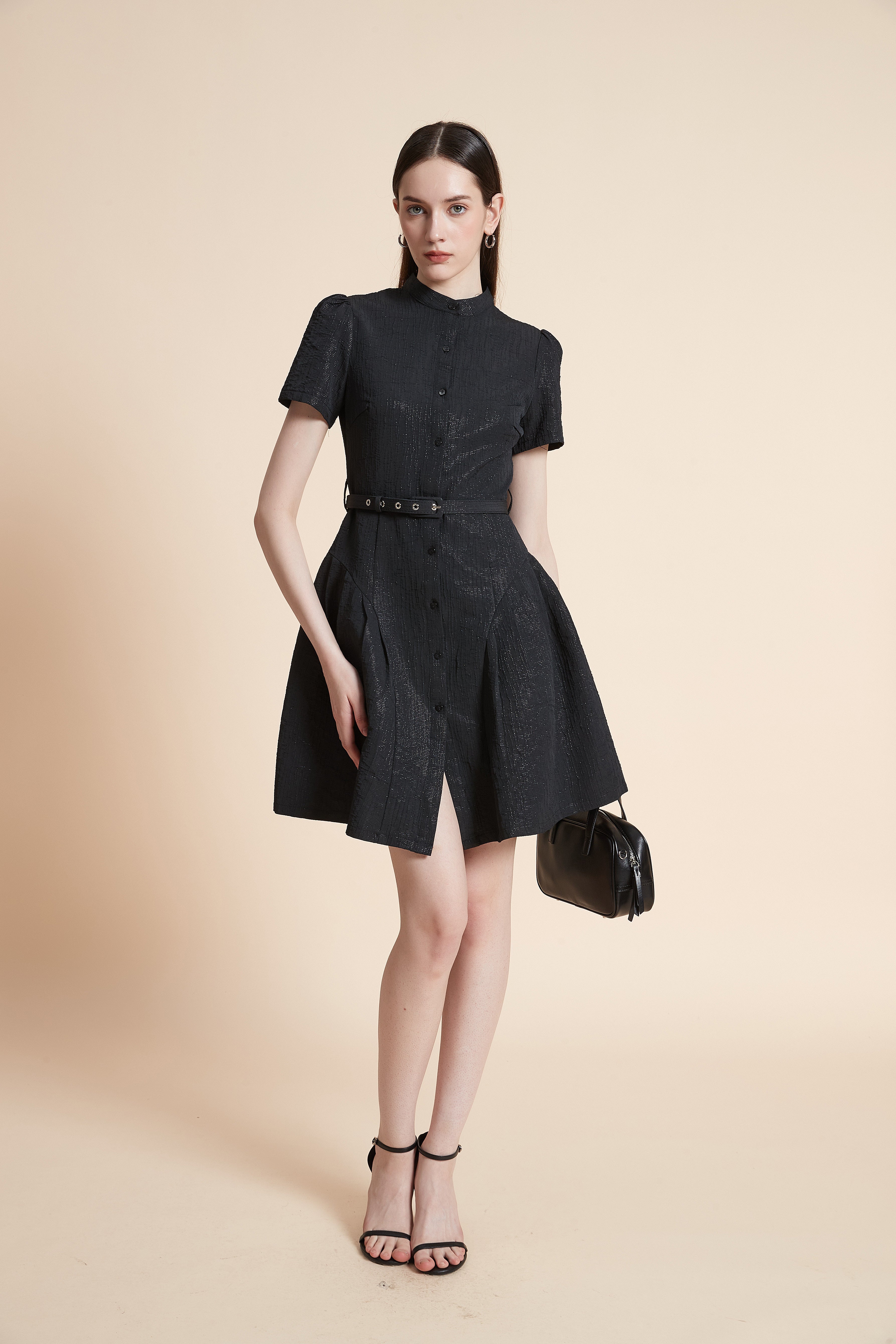 Knee-Length Dress with Belt and Short Sleeves