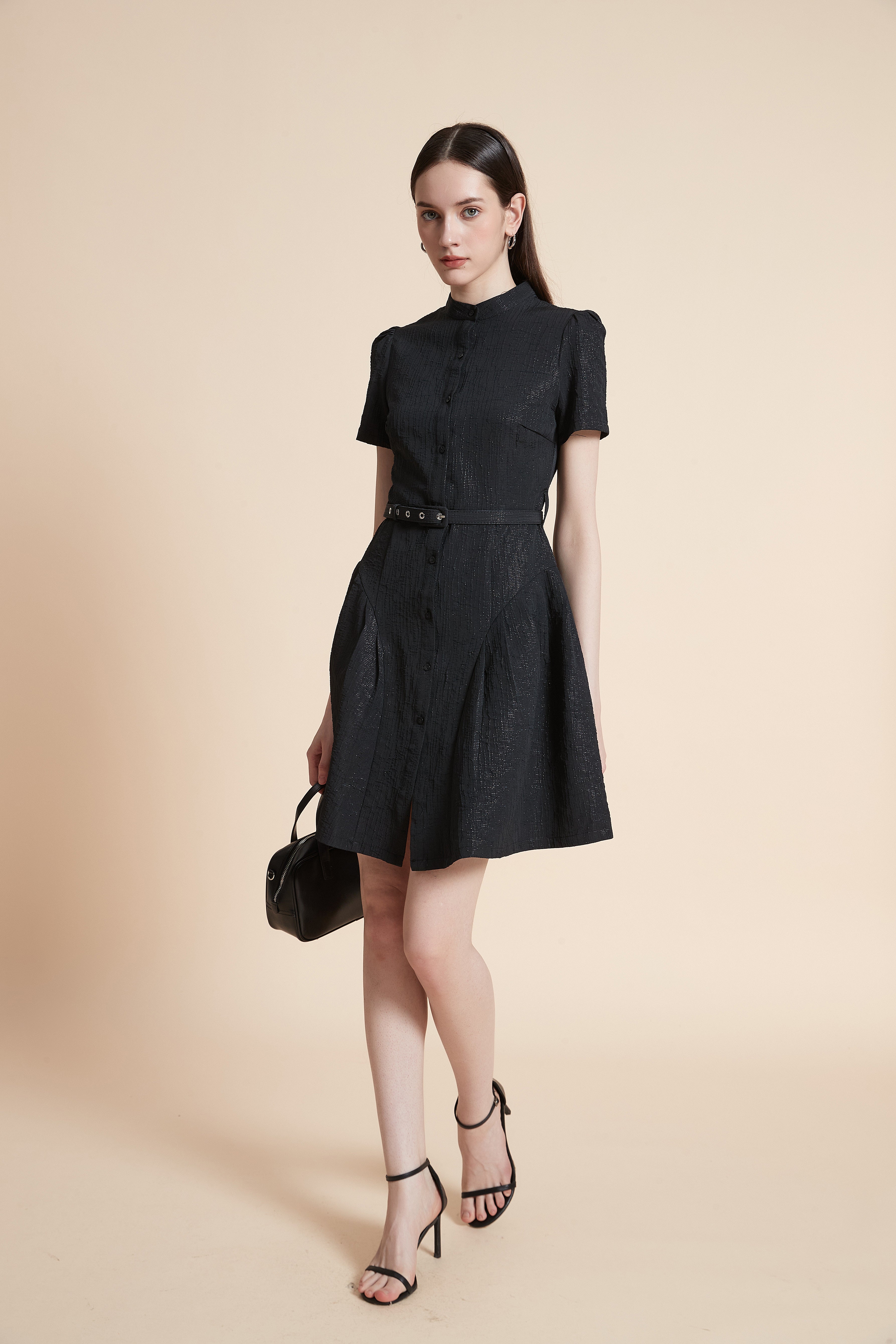 Knee-Length Dress with Belt and Short Sleeves