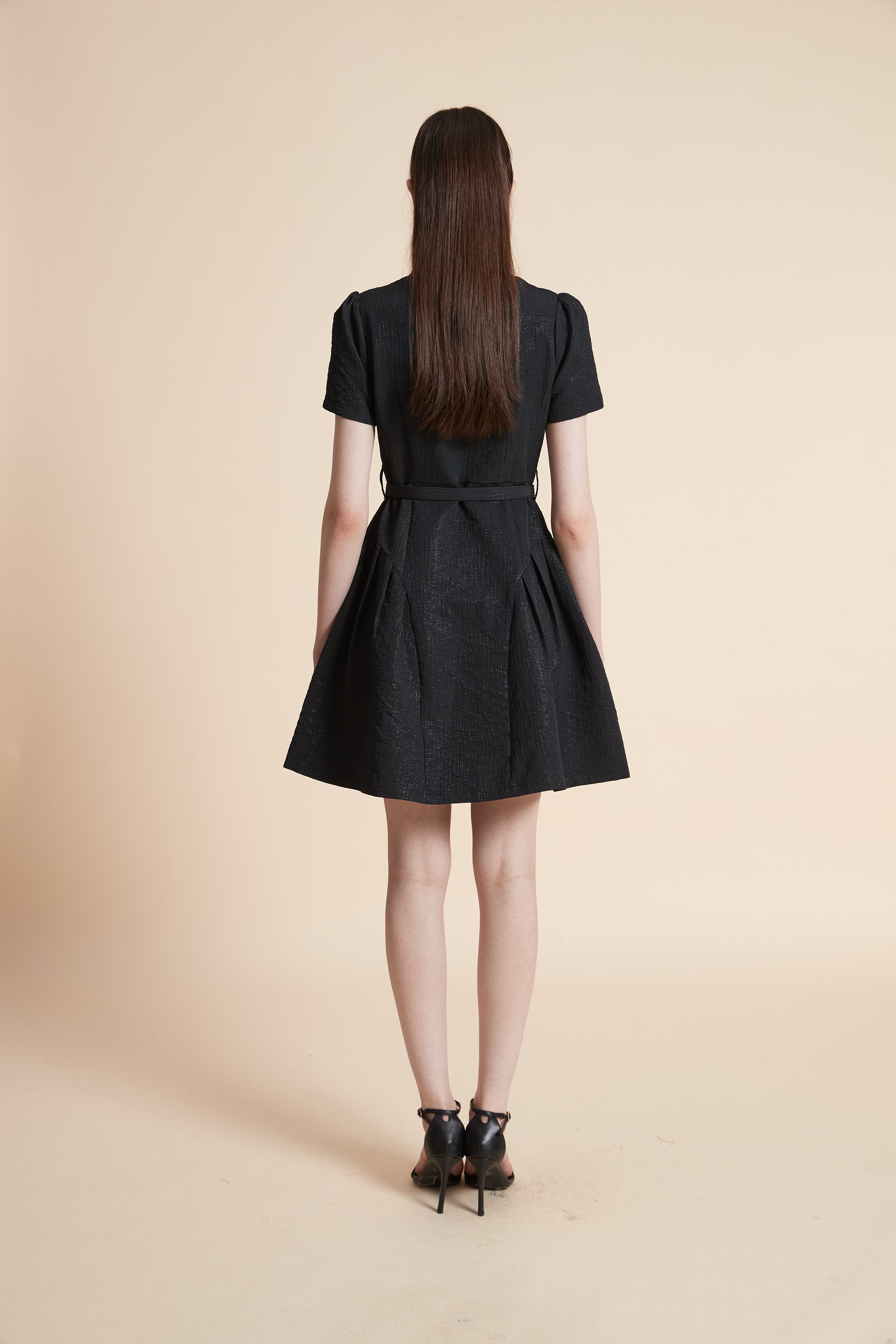 Knee-Length Dress with Belt and Short Sleeves