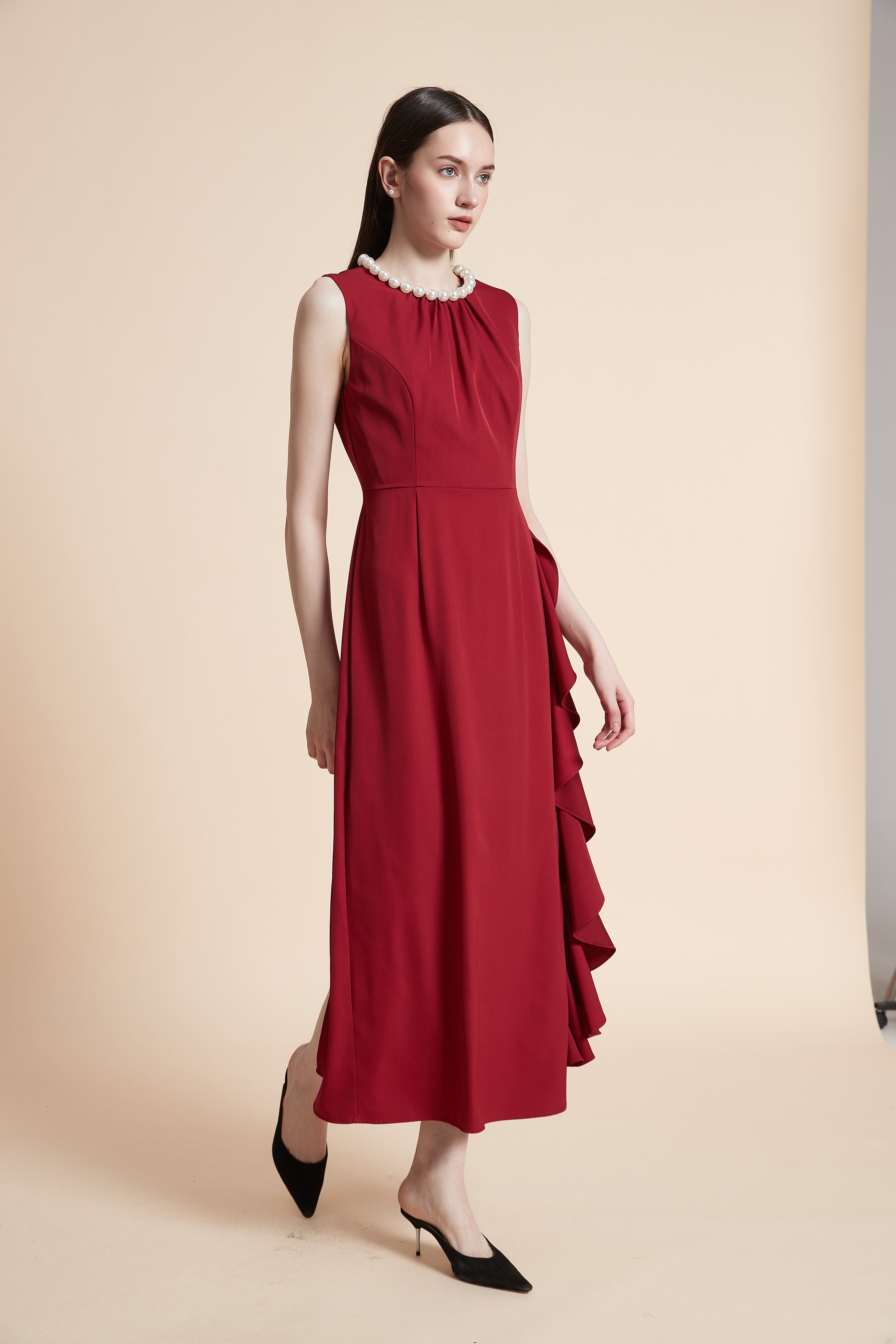 Solid Maxi Dress with Ruffles - Sleeveless