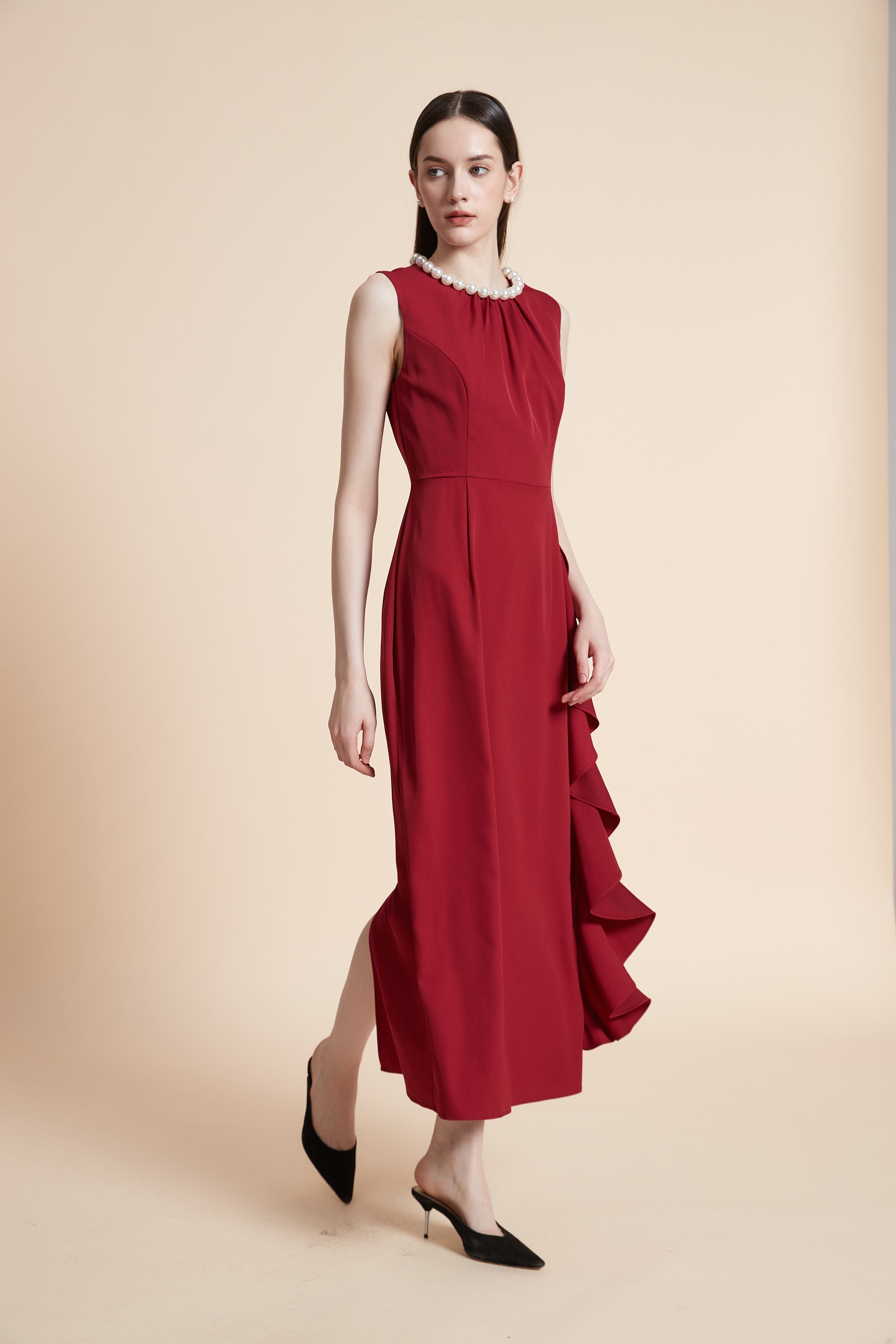 Solid Maxi Dress with Ruffles - Sleeveless