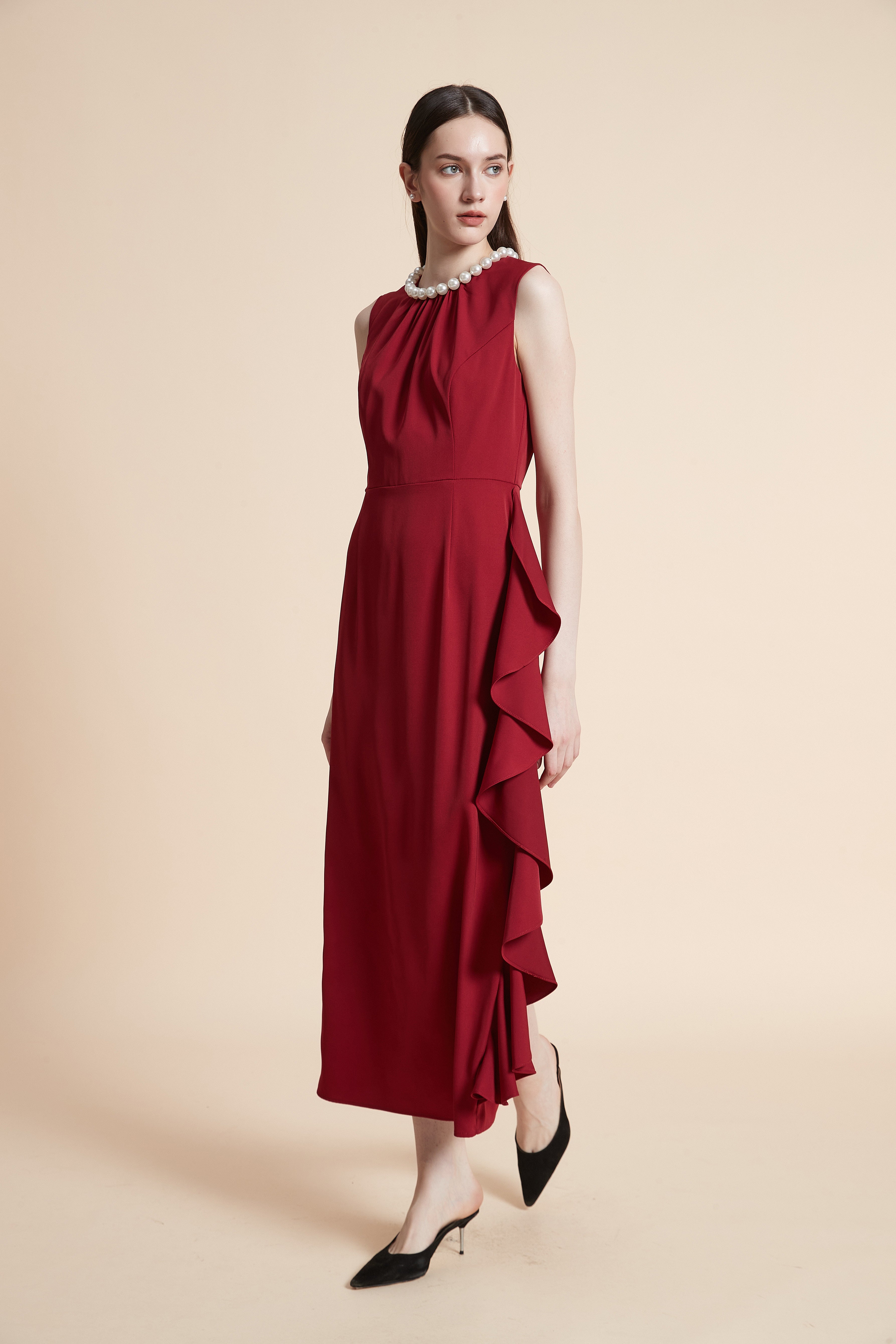 Solid Maxi Dress with Ruffles - Sleeveless