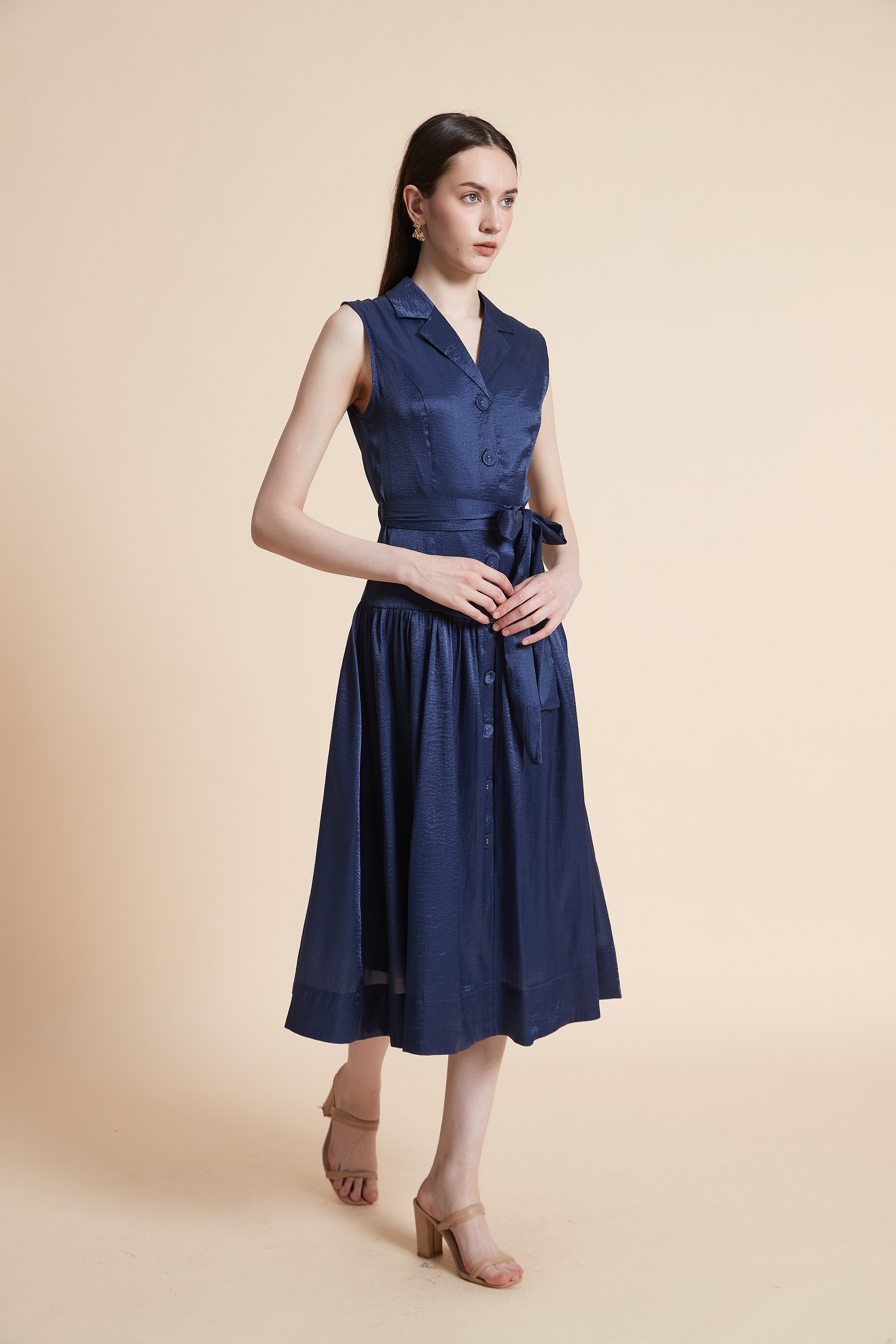 Sleeveless Midi Dress with Waist Belt