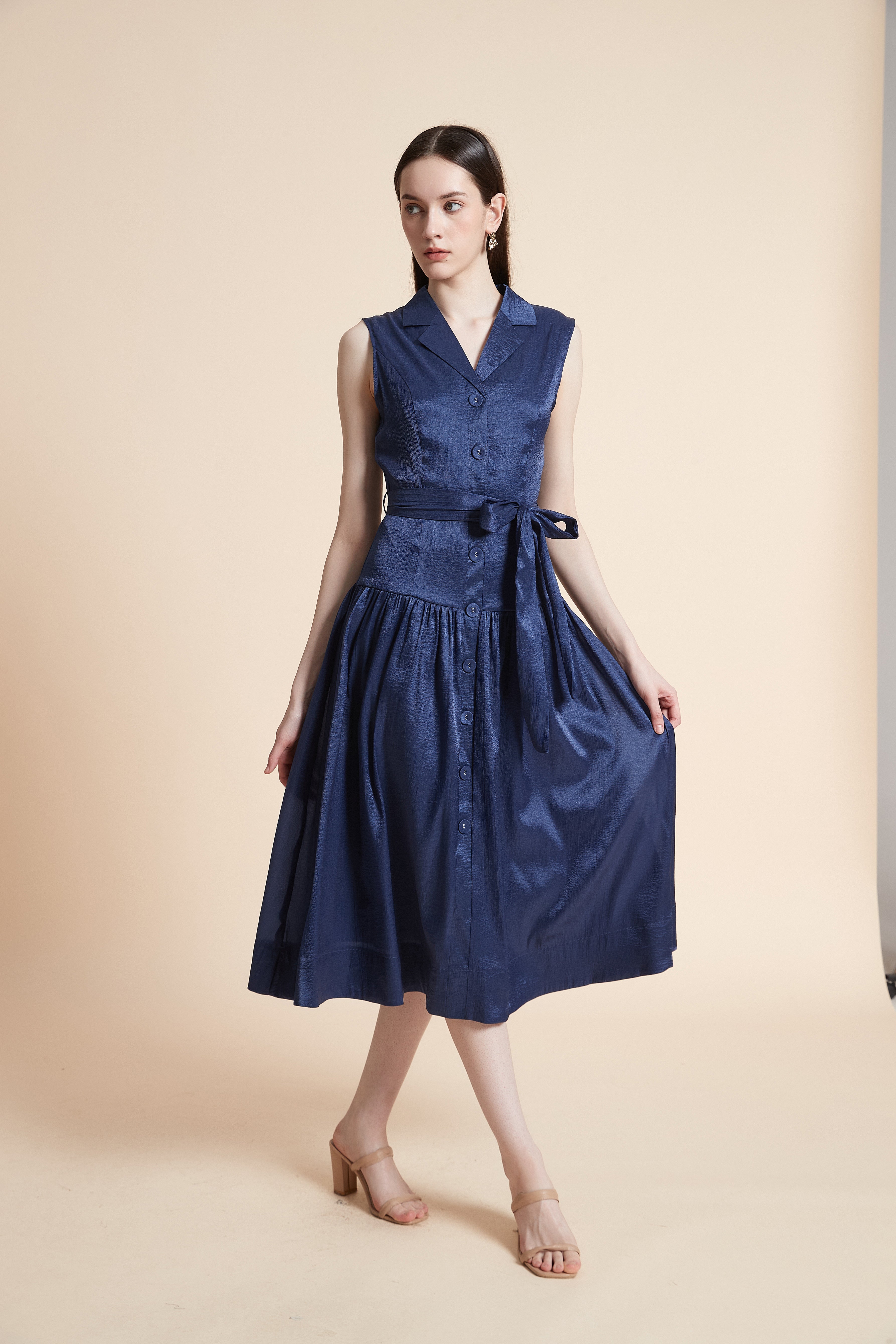 Sleeveless Midi Dress with Waist Belt