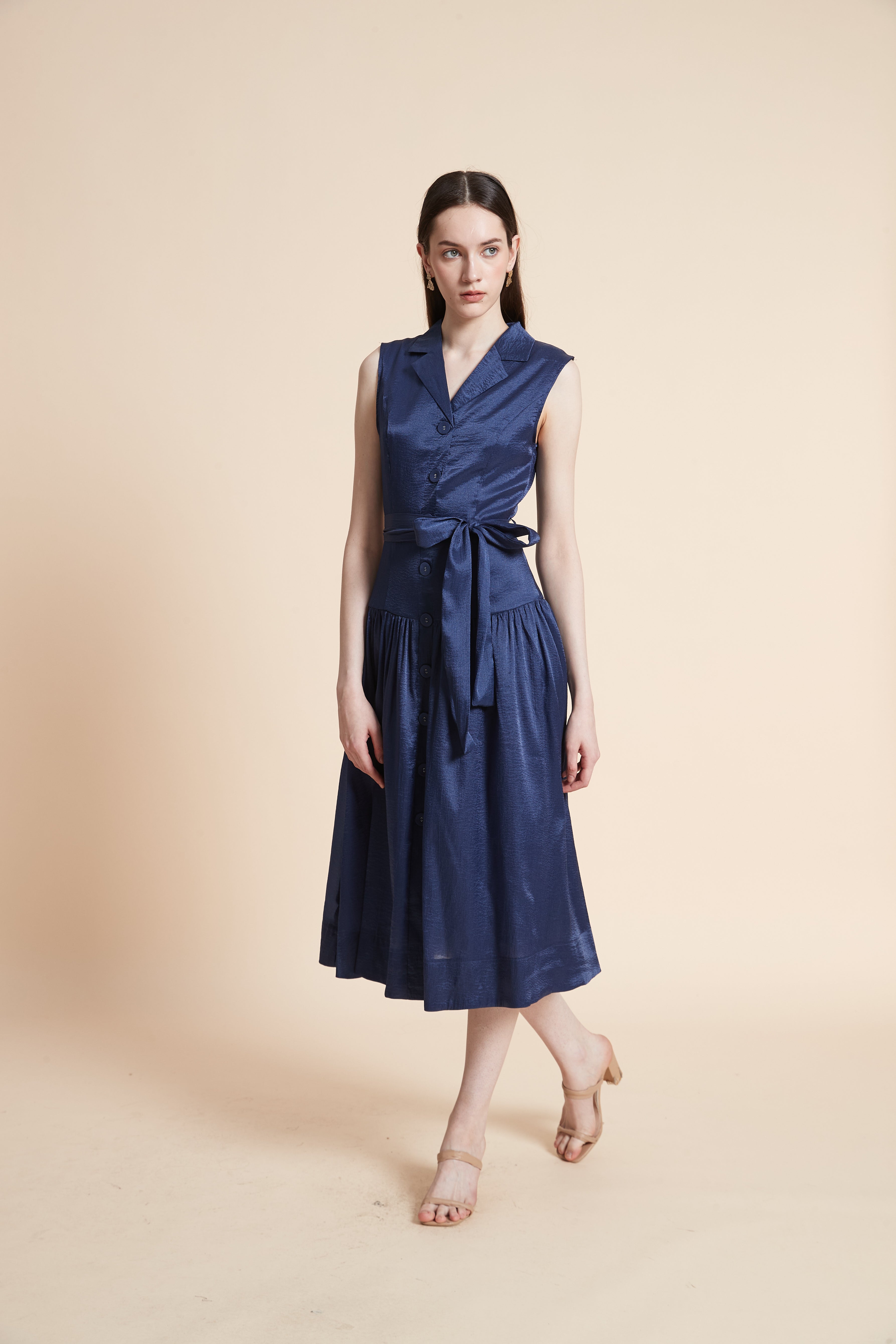 Sleeveless Midi Dress with Waist Belt