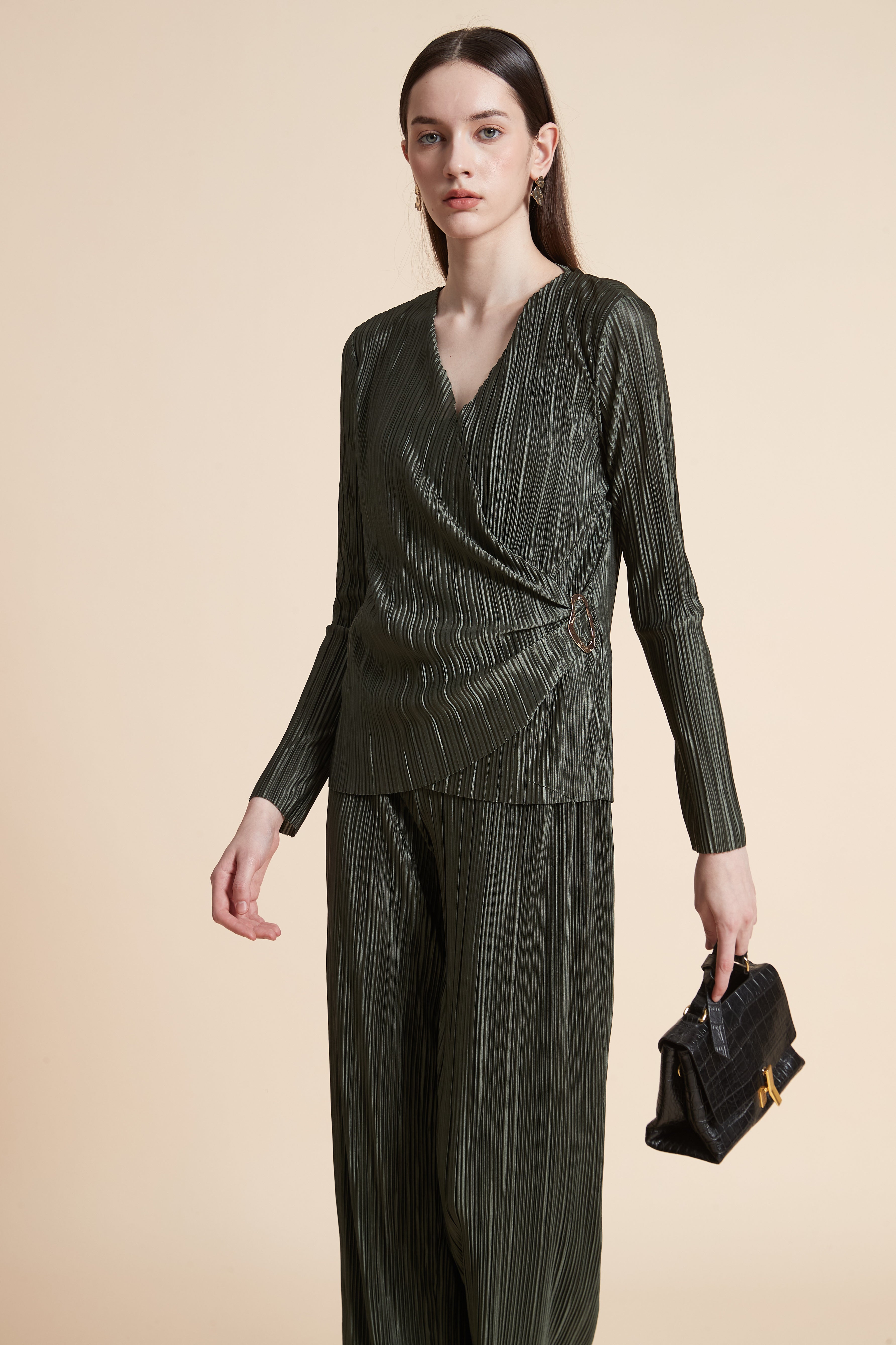 Long Sleeve Pleated Wrap Blouse