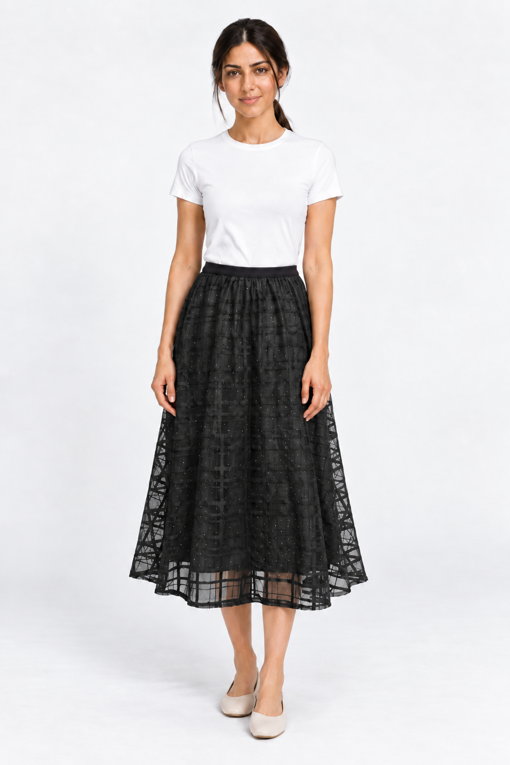 Quilted Checkered Skirt with Elastic Waist