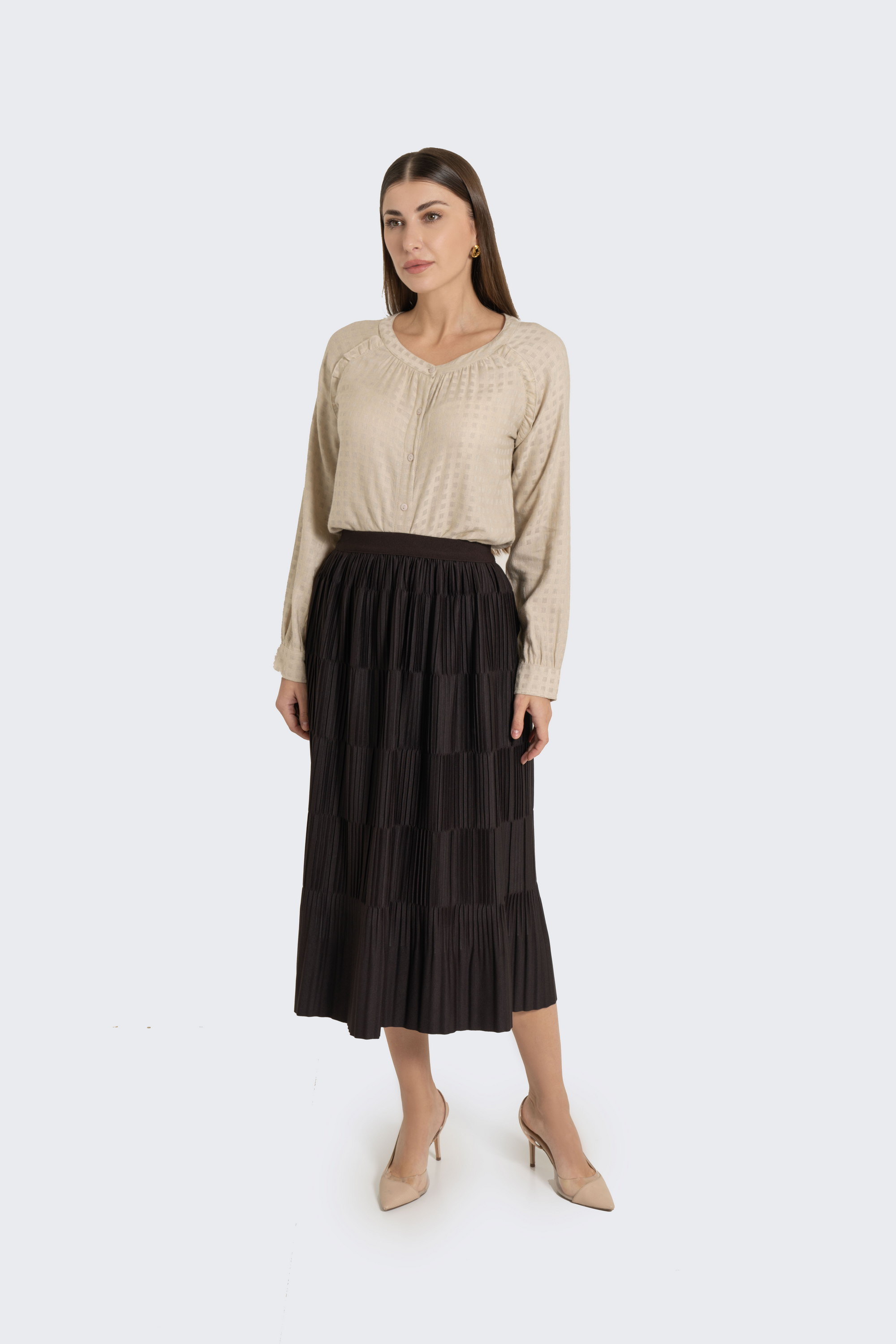 Plain Solid Pleated Midi Skirt