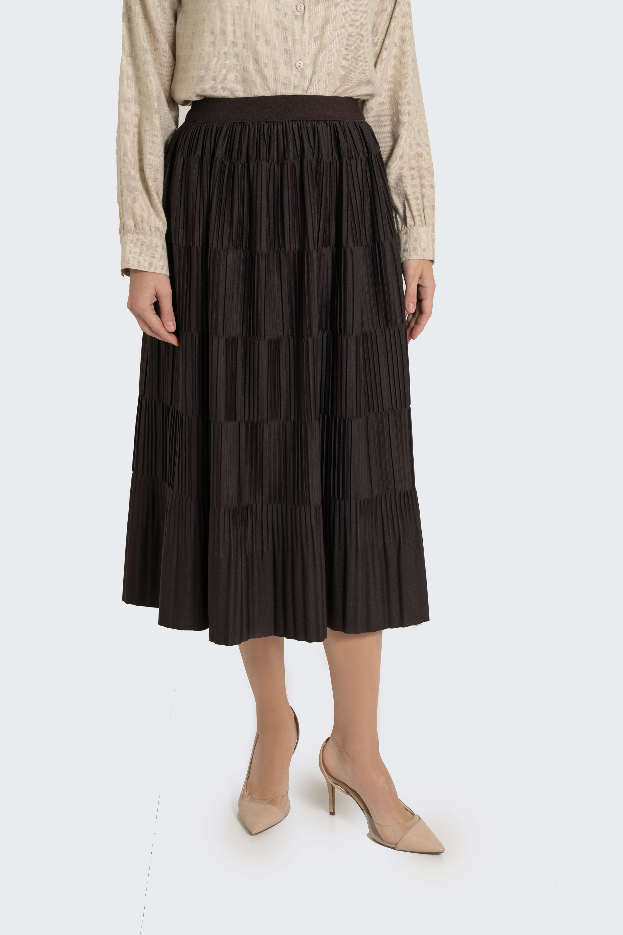 Plain Solid Pleated Midi Skirt