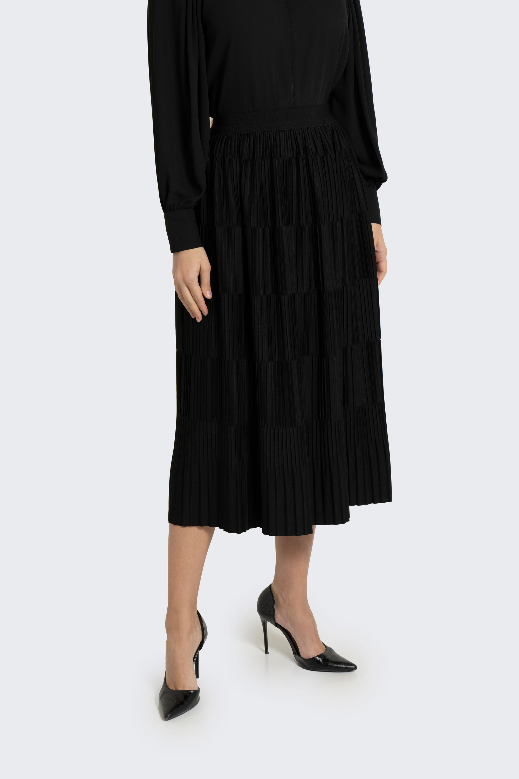 Plain Solid Pleated Midi Skirt