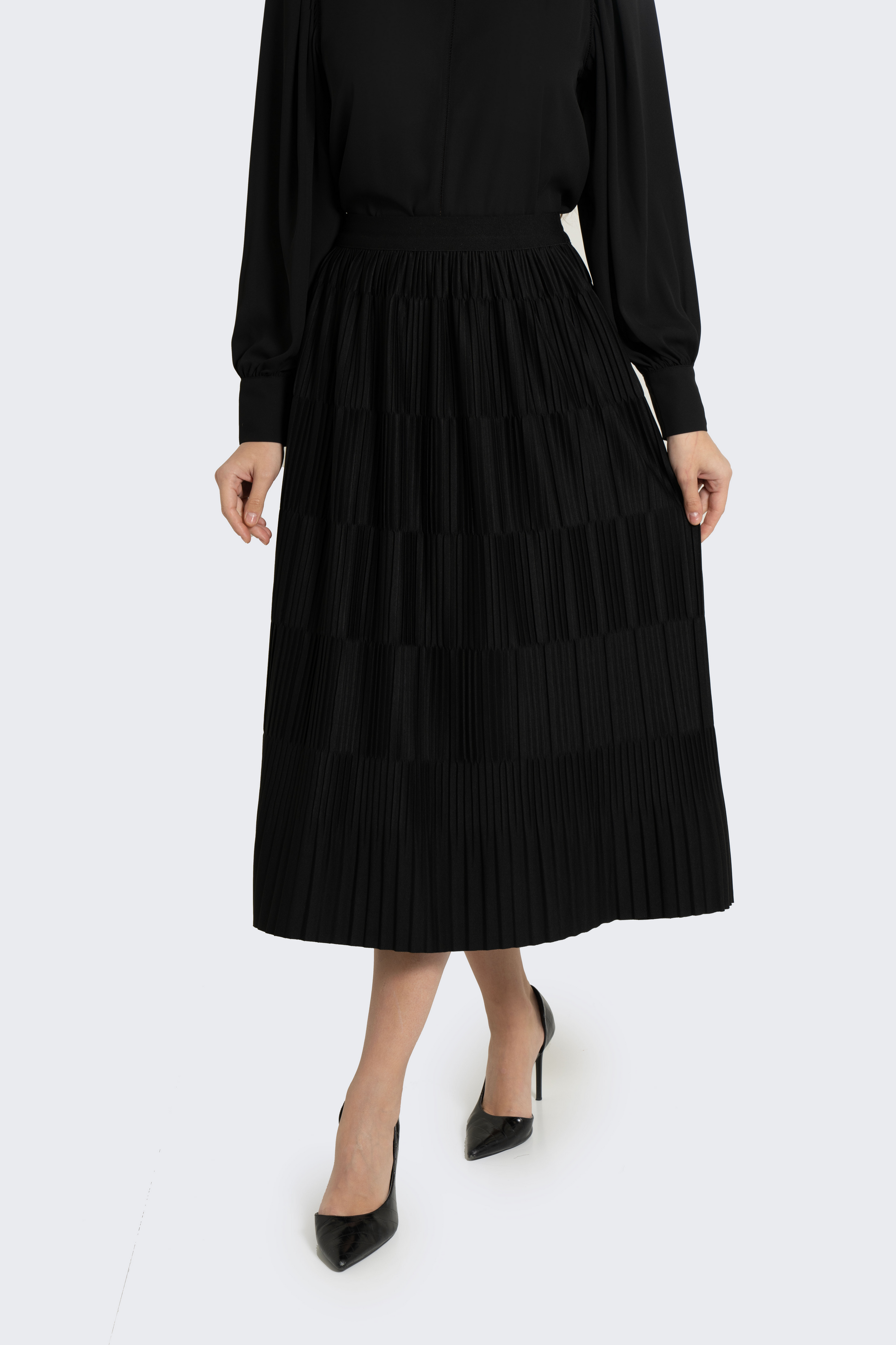 Plain Solid Pleated Midi Skirt
