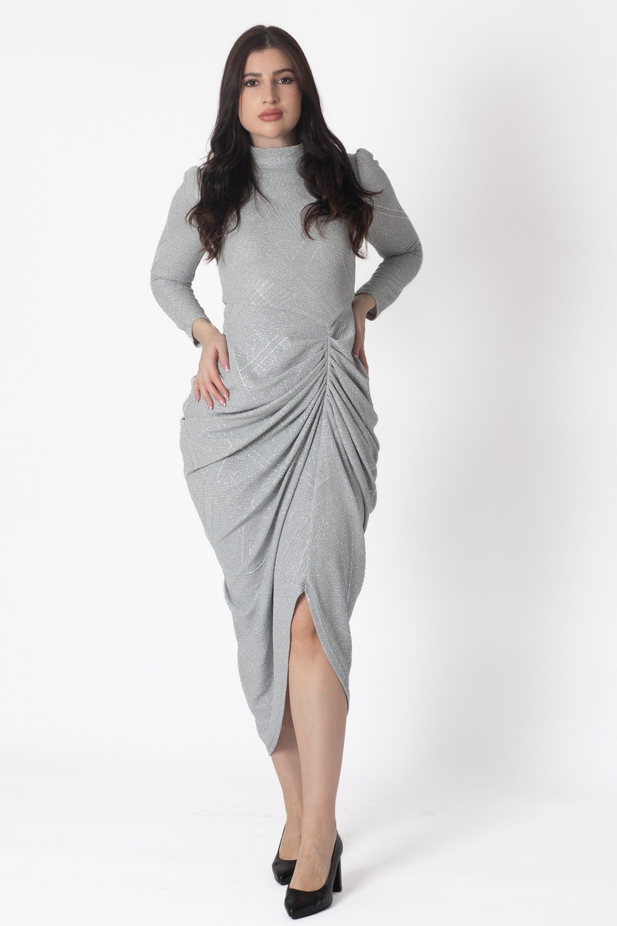 Yola Long Sleeve Ruched Midi Dress