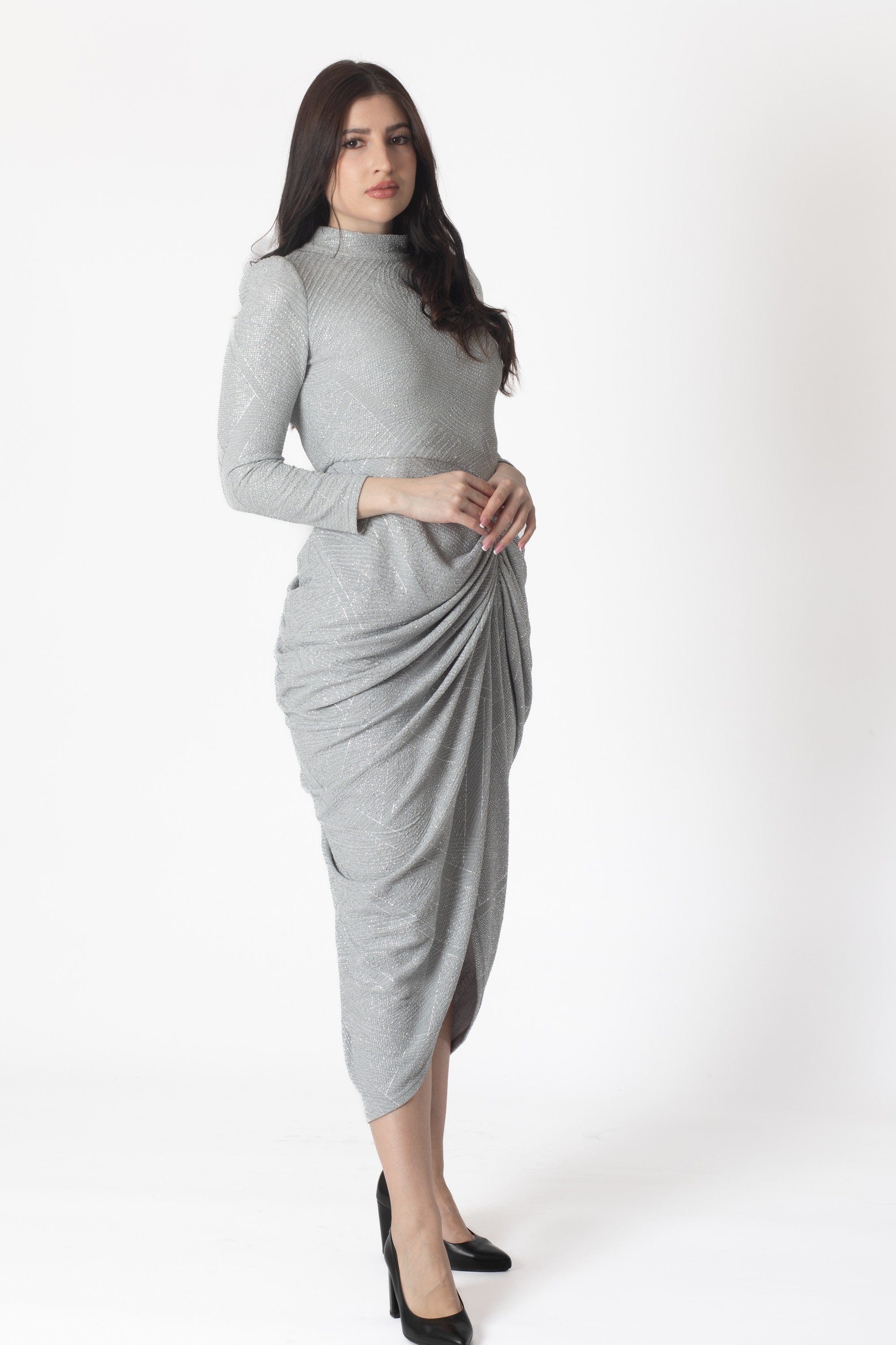 Yola Long Sleeve Ruched Midi Dress
