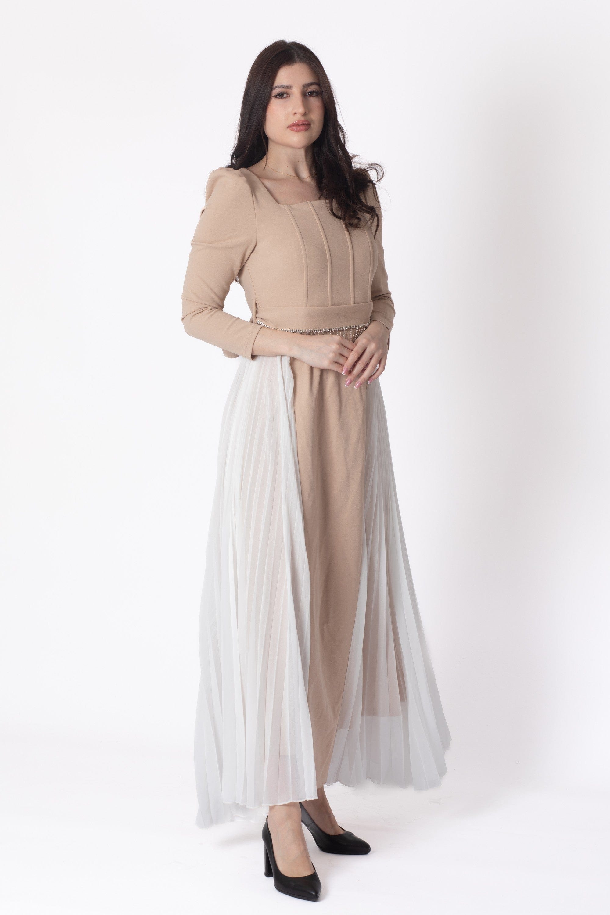 Yola Maxi Pleated Dress with Side Pleats, Long Sleeve