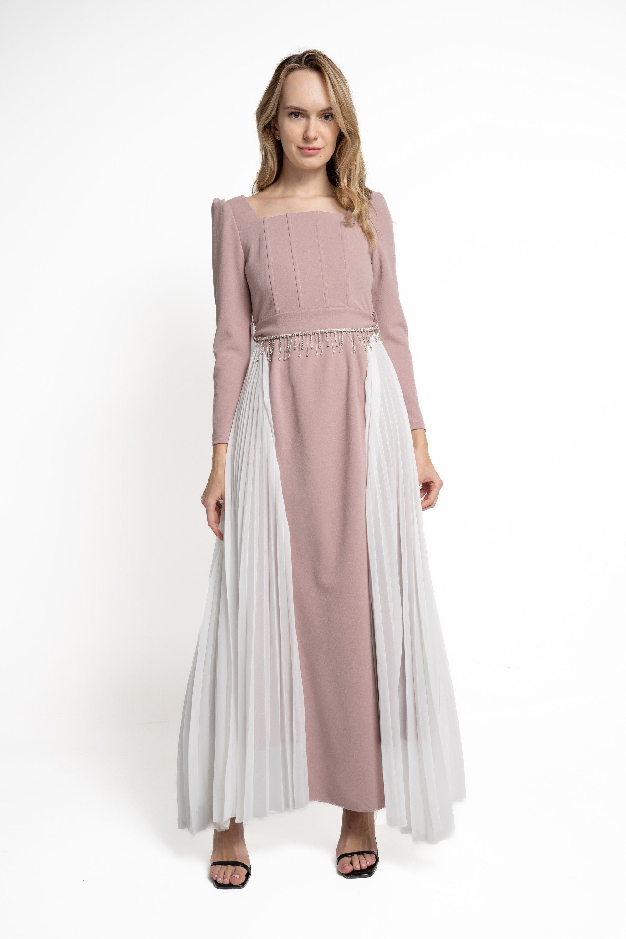 Yola Maxi Pleated Dress with Side Pleats, Long Sleeve