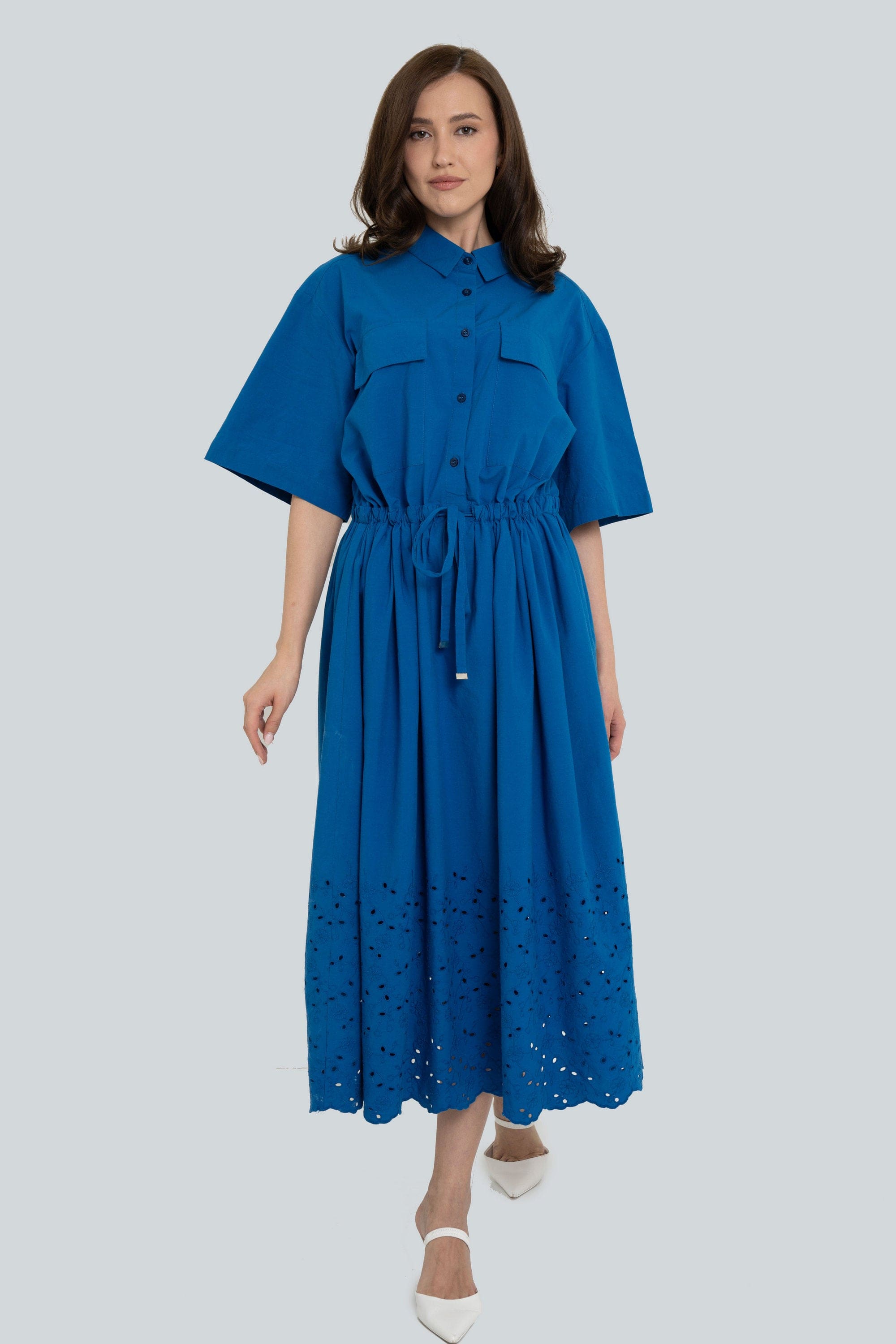 Yola Short Sleeve Waist-Defined Long Dress with Pockets