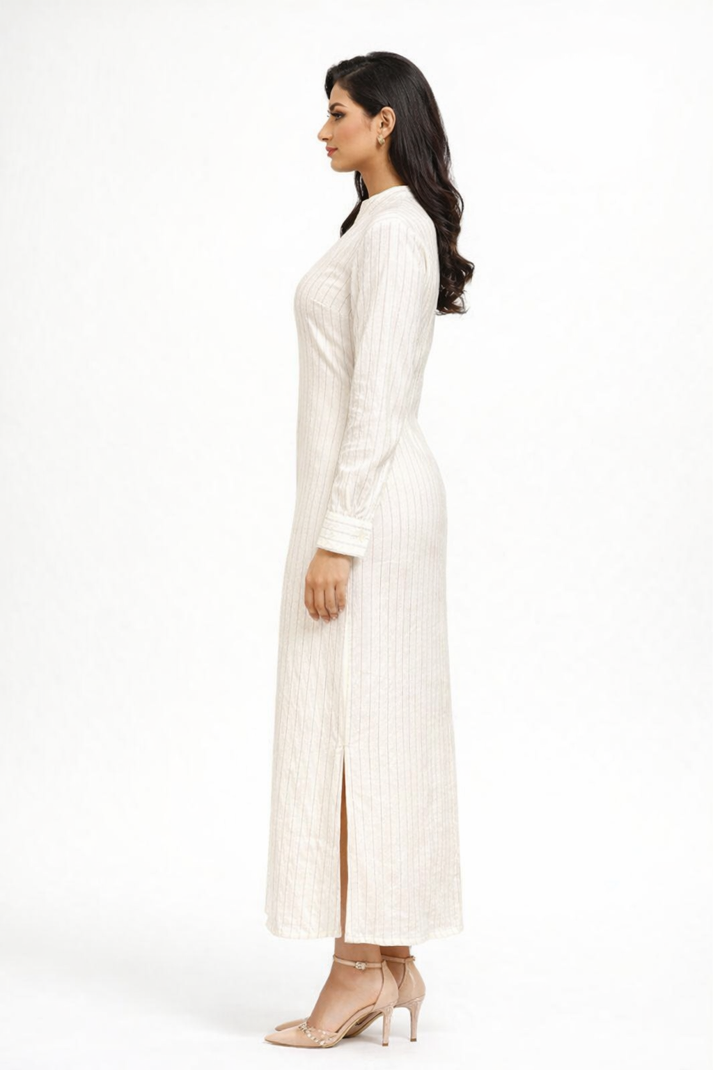 Long-Sleeve Vertically Striped Midi Dress