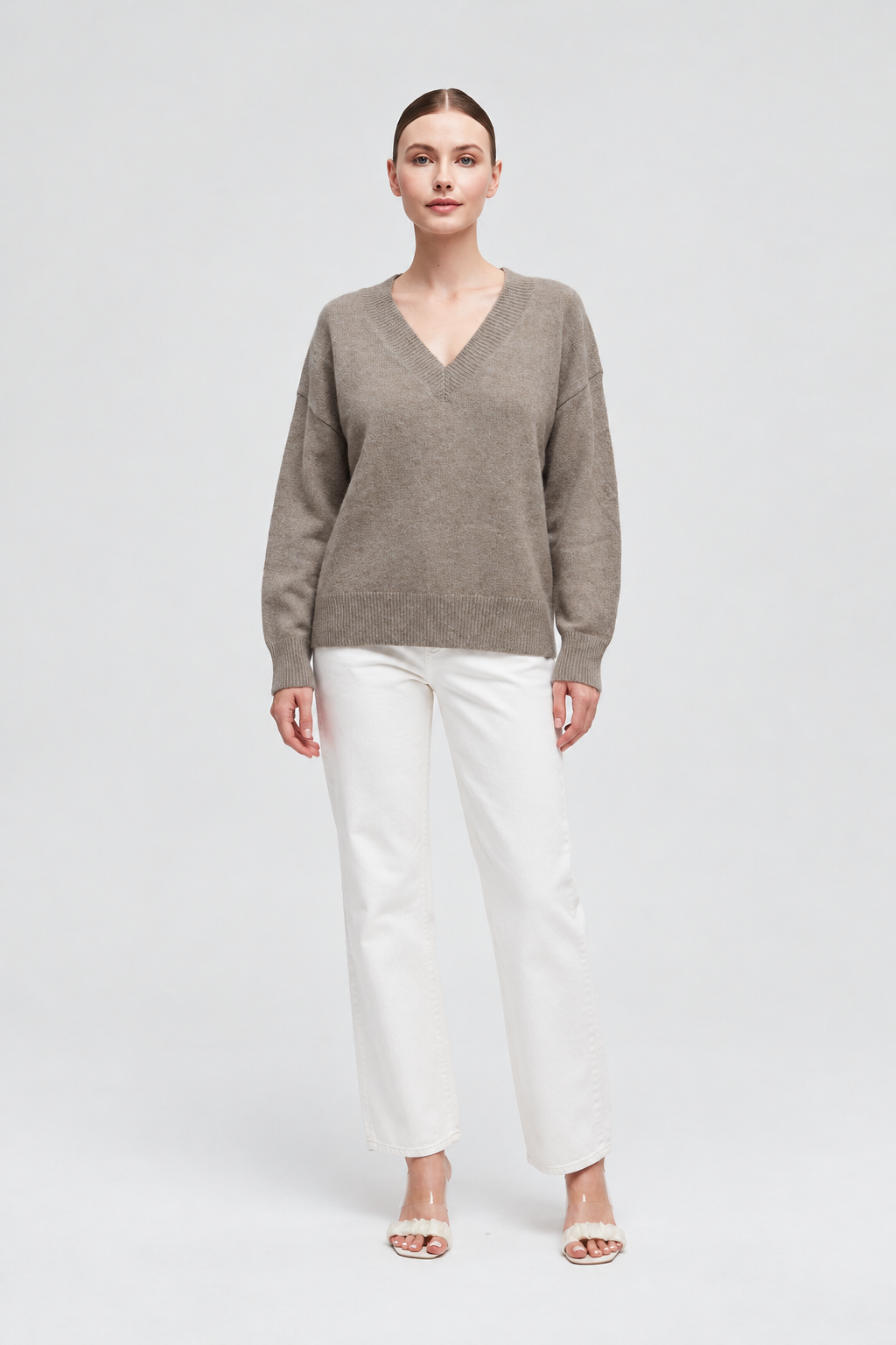 IYE815W264CDY tan long-sleeve V-neck knit sweater on Nina, full front