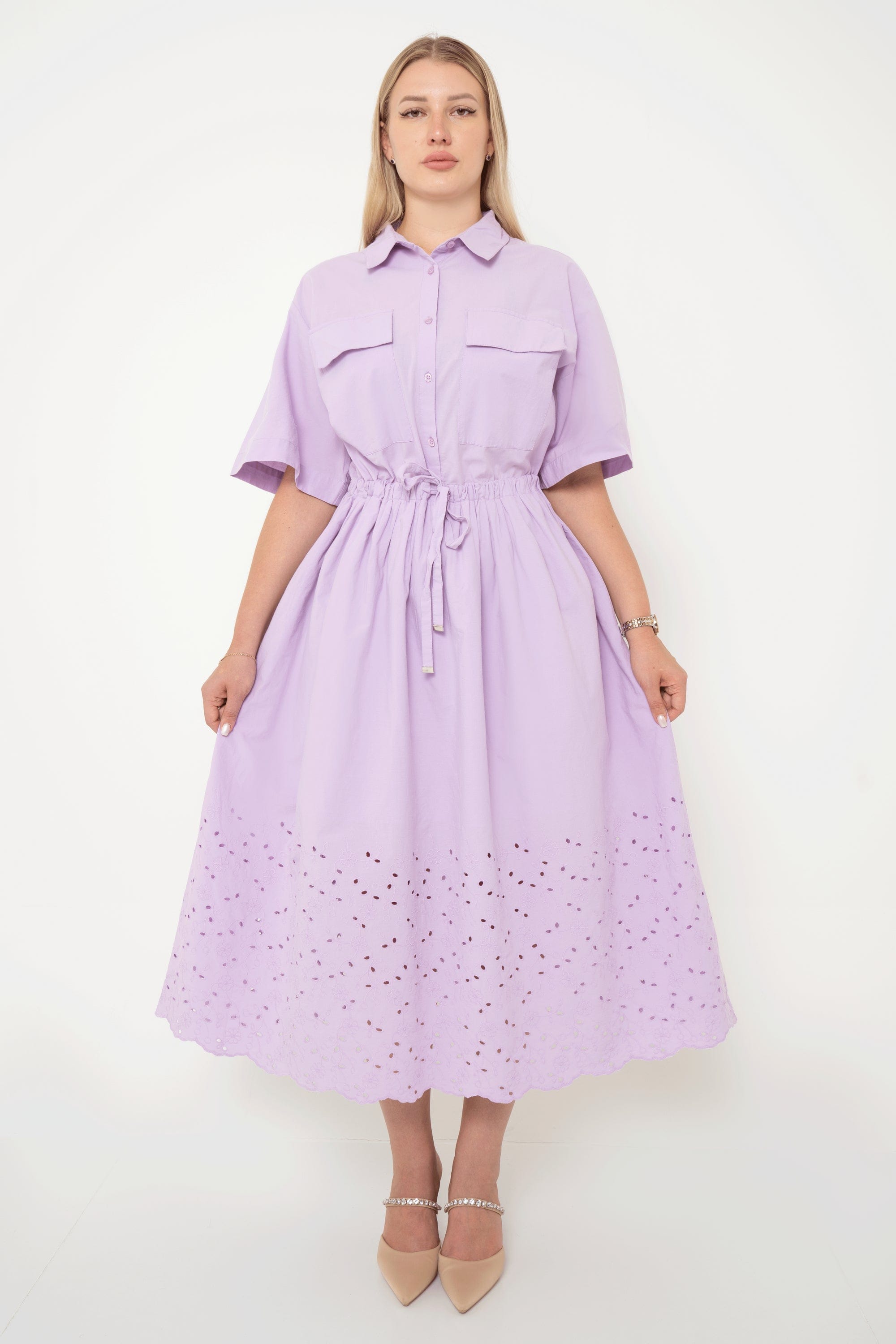 Yola Short Sleeve Waist-Defined Long Dress with Pockets