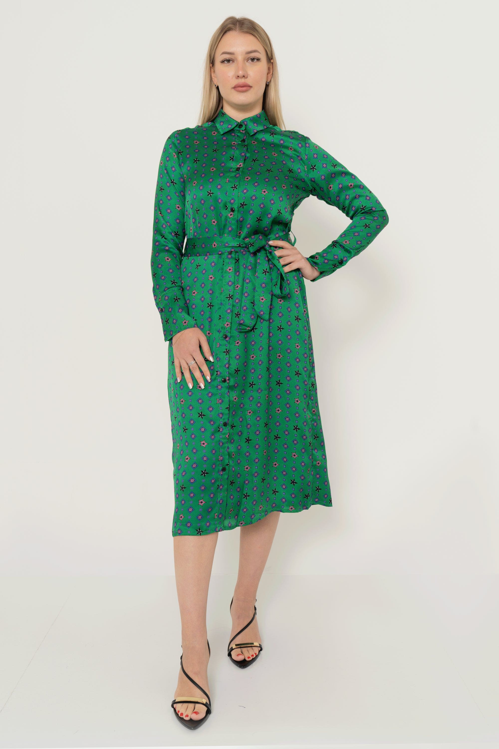 Long Sleeve Printed Midi Dress With Waist Tie