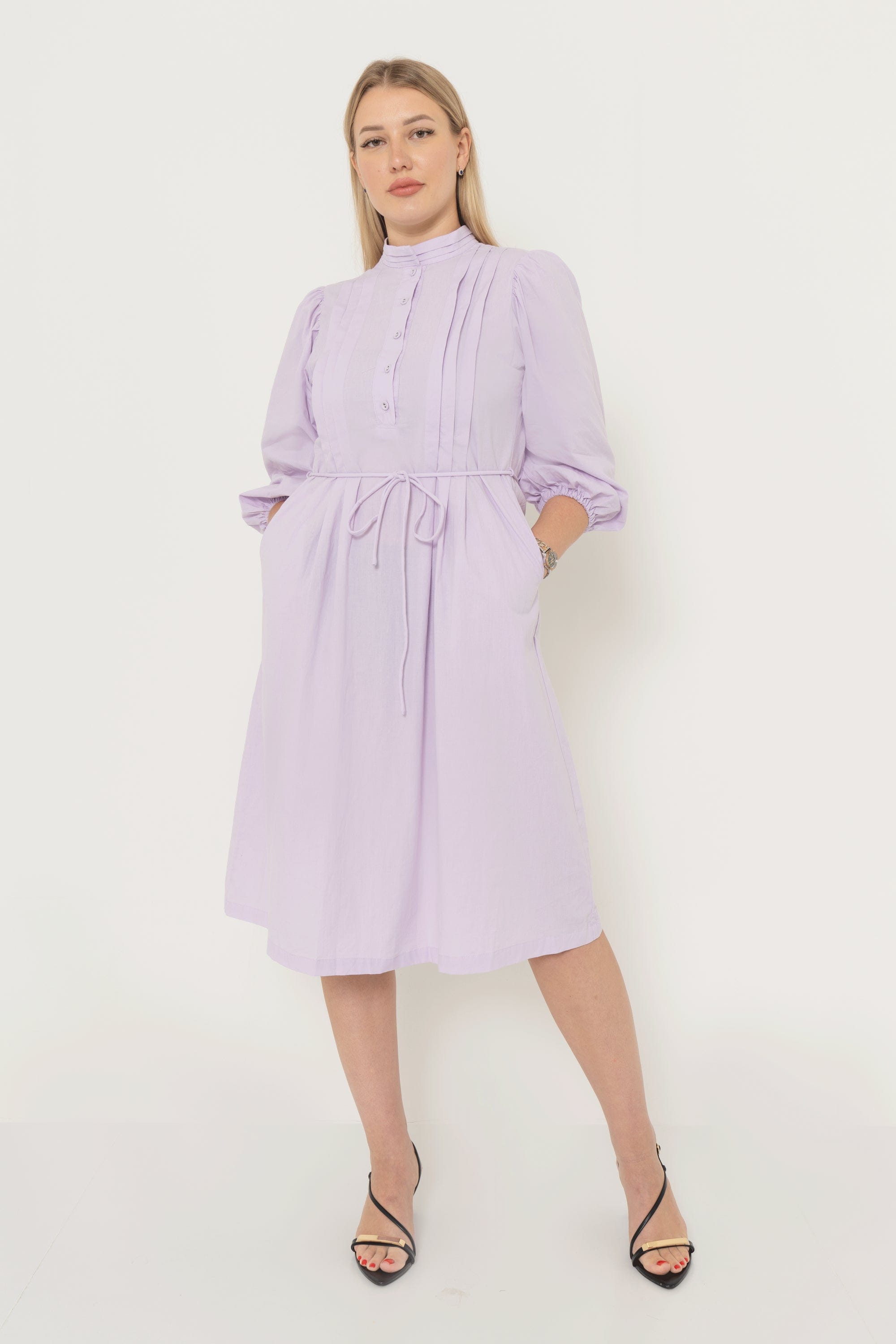 Solid Color Midi Dress With Pockets And Long Sleeves