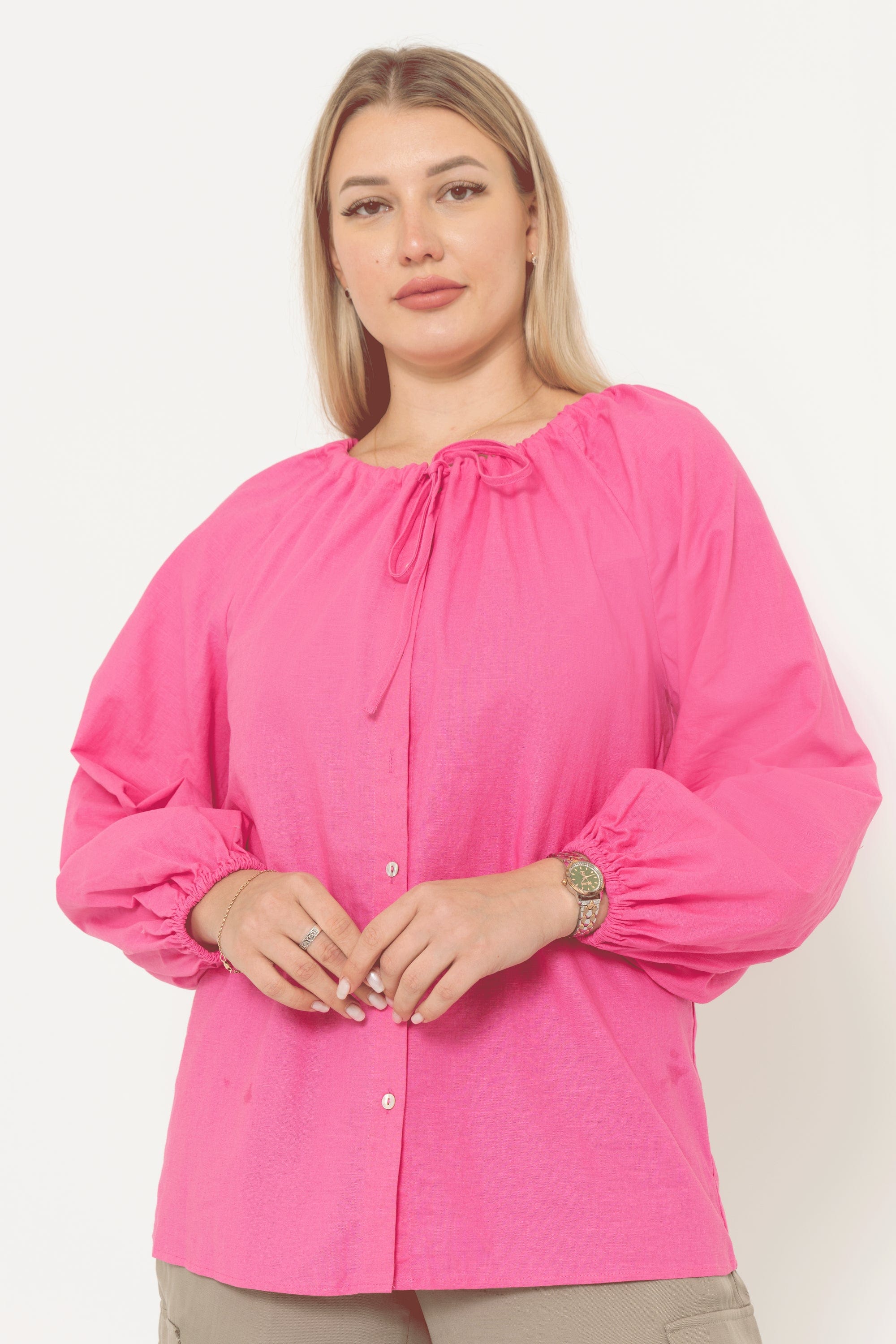 Solid Color Long Sleeve Round Neck Blouse