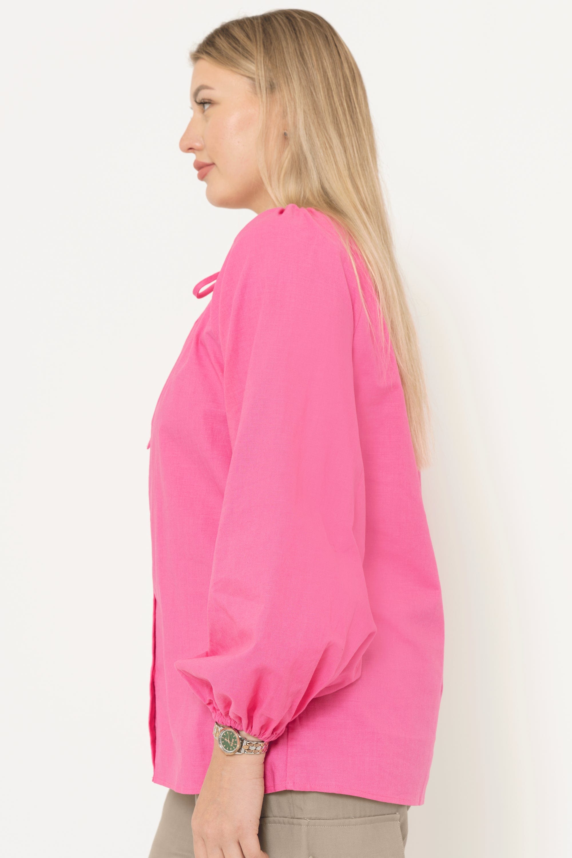Solid Color Long Sleeve Round Neck Blouse