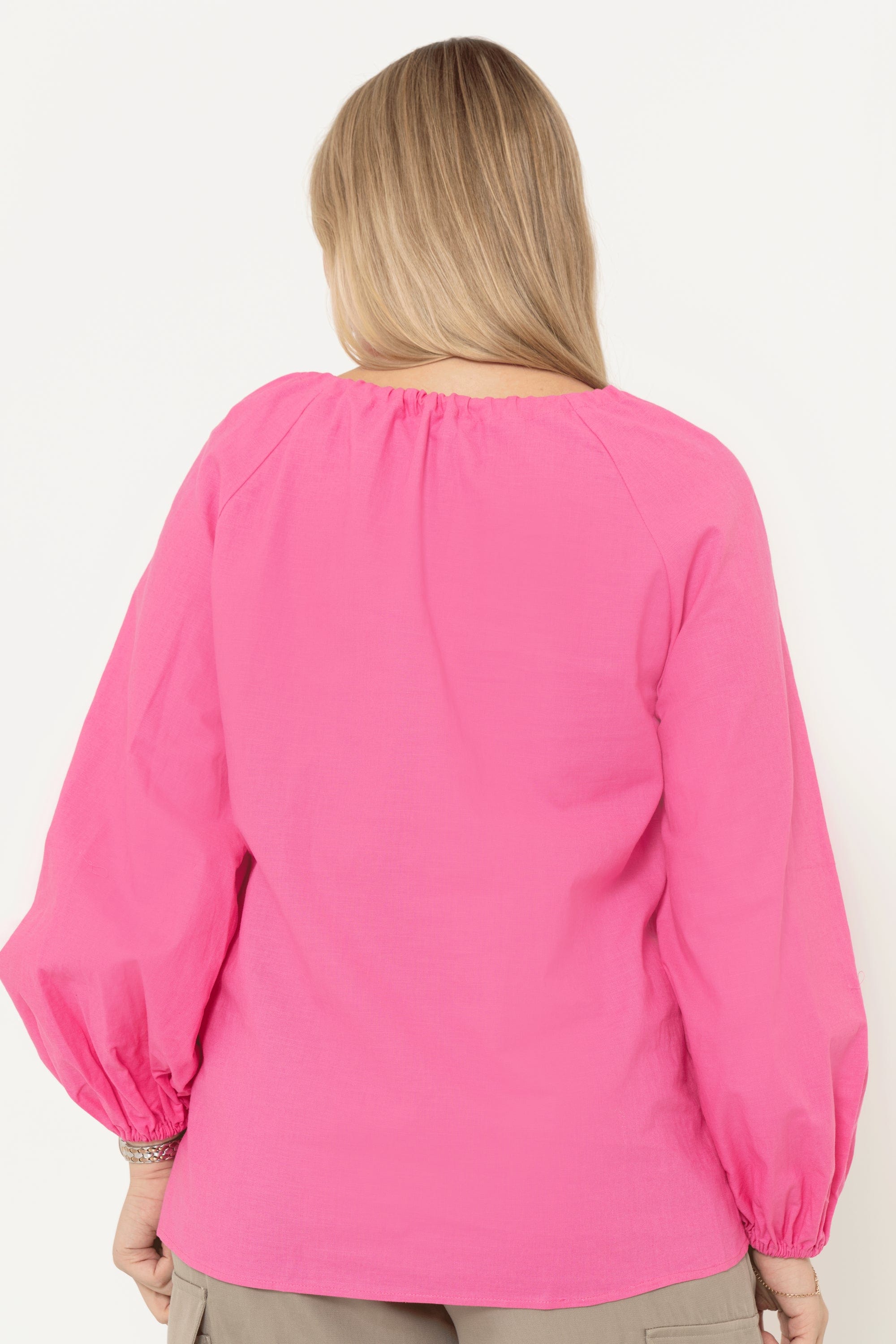 Solid Color Long Sleeve Round Neck Blouse