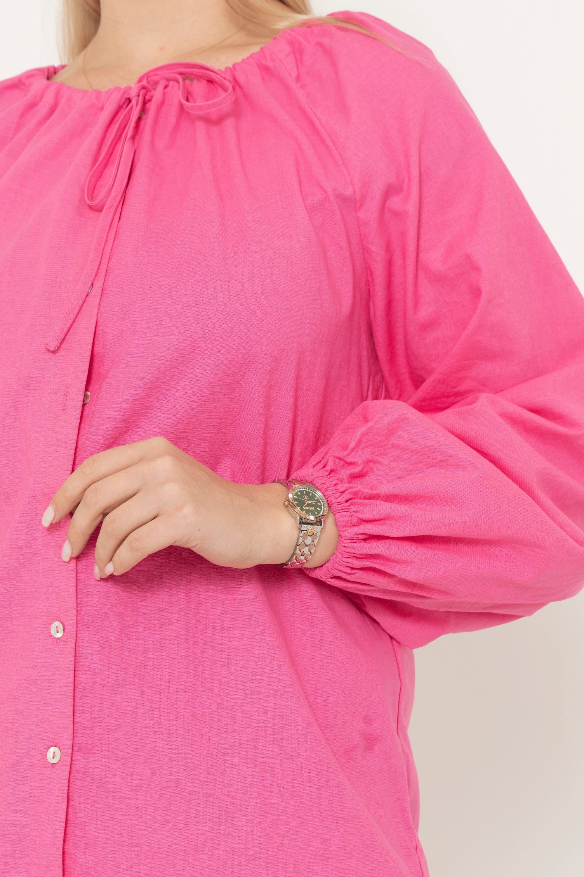 Solid Color Long Sleeve Round Neck Blouse