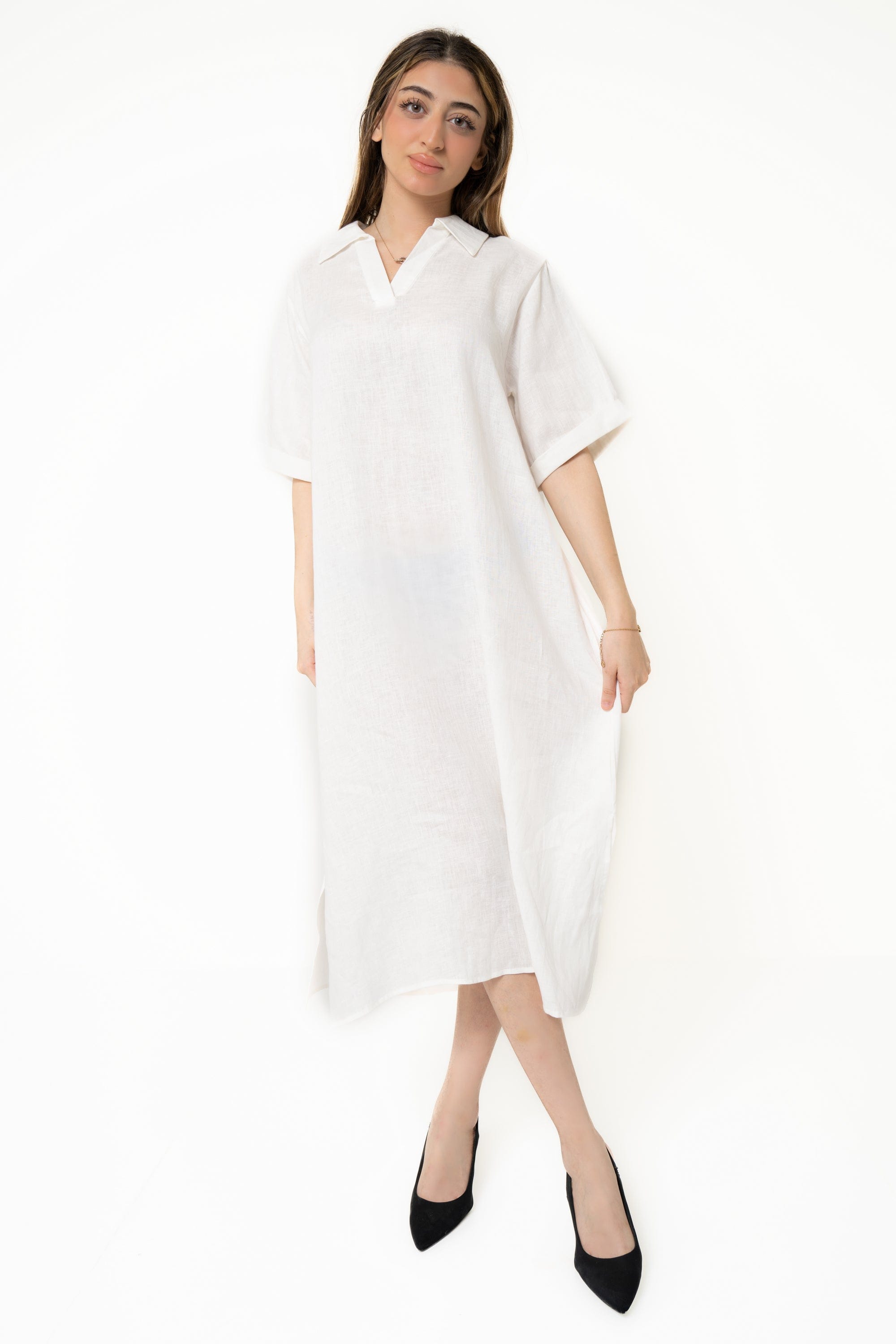 Long Plain Half Sleeve Dress With Collar